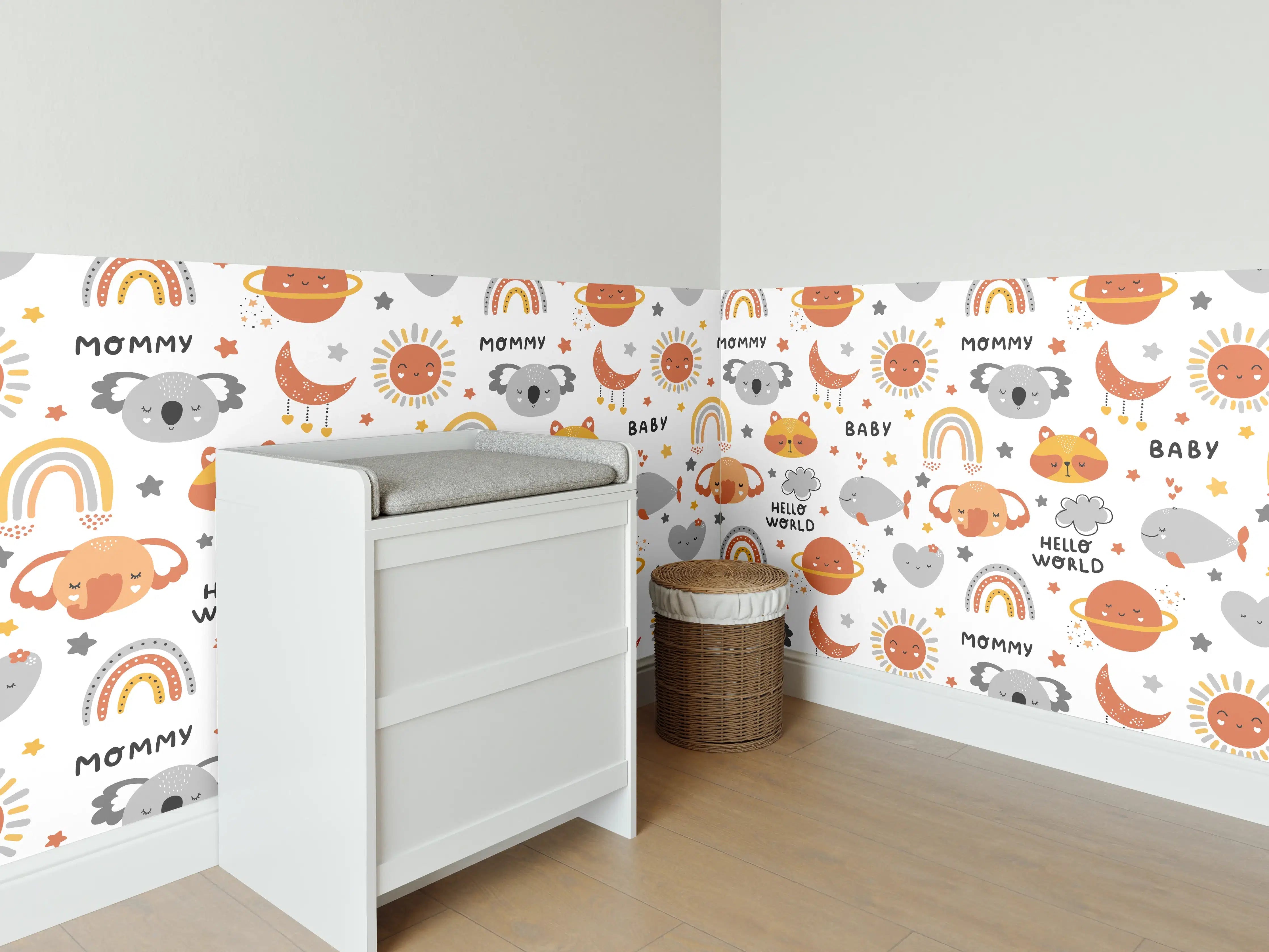 Babyzimmer Wandgestaltung - Niedliche Tier- und Regenbogenmotive in Pastellfarben