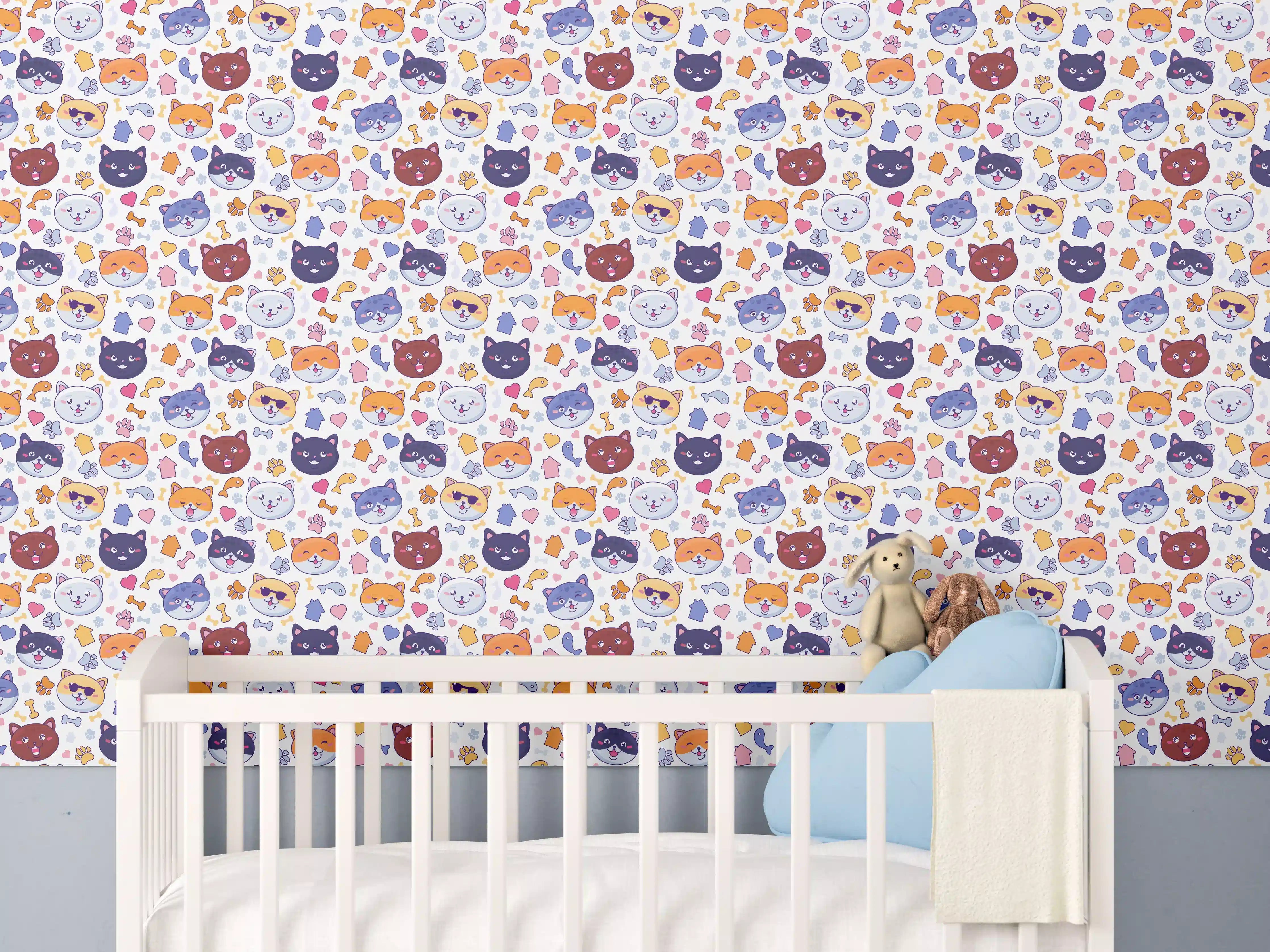 Babyzimmer Wandgestaltung - Niedliche bunte Katzenmuster in Pastellfarben