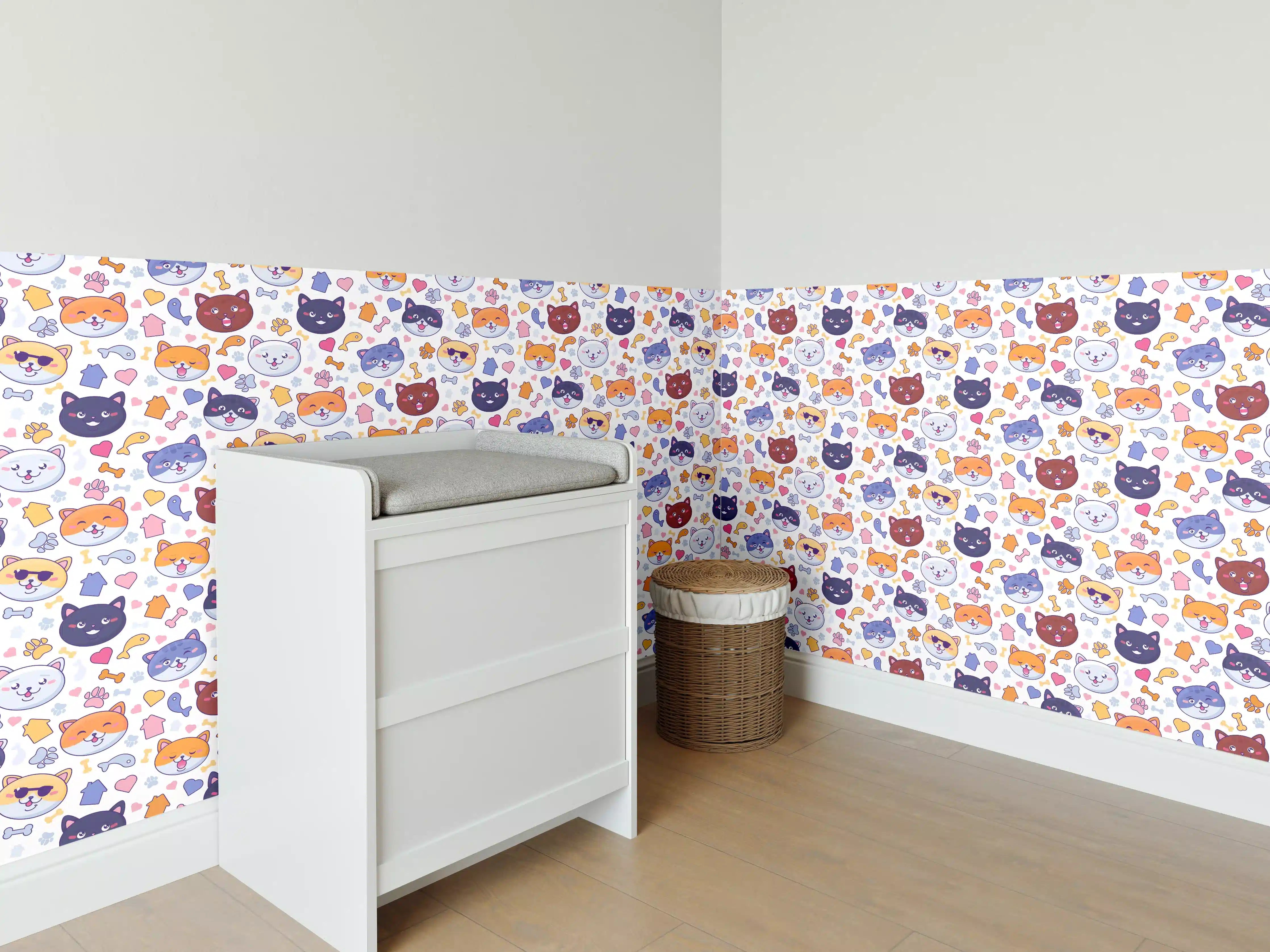 Babyzimmer Wandgestaltung - Niedliche bunte Katzenmuster in Pastellfarben