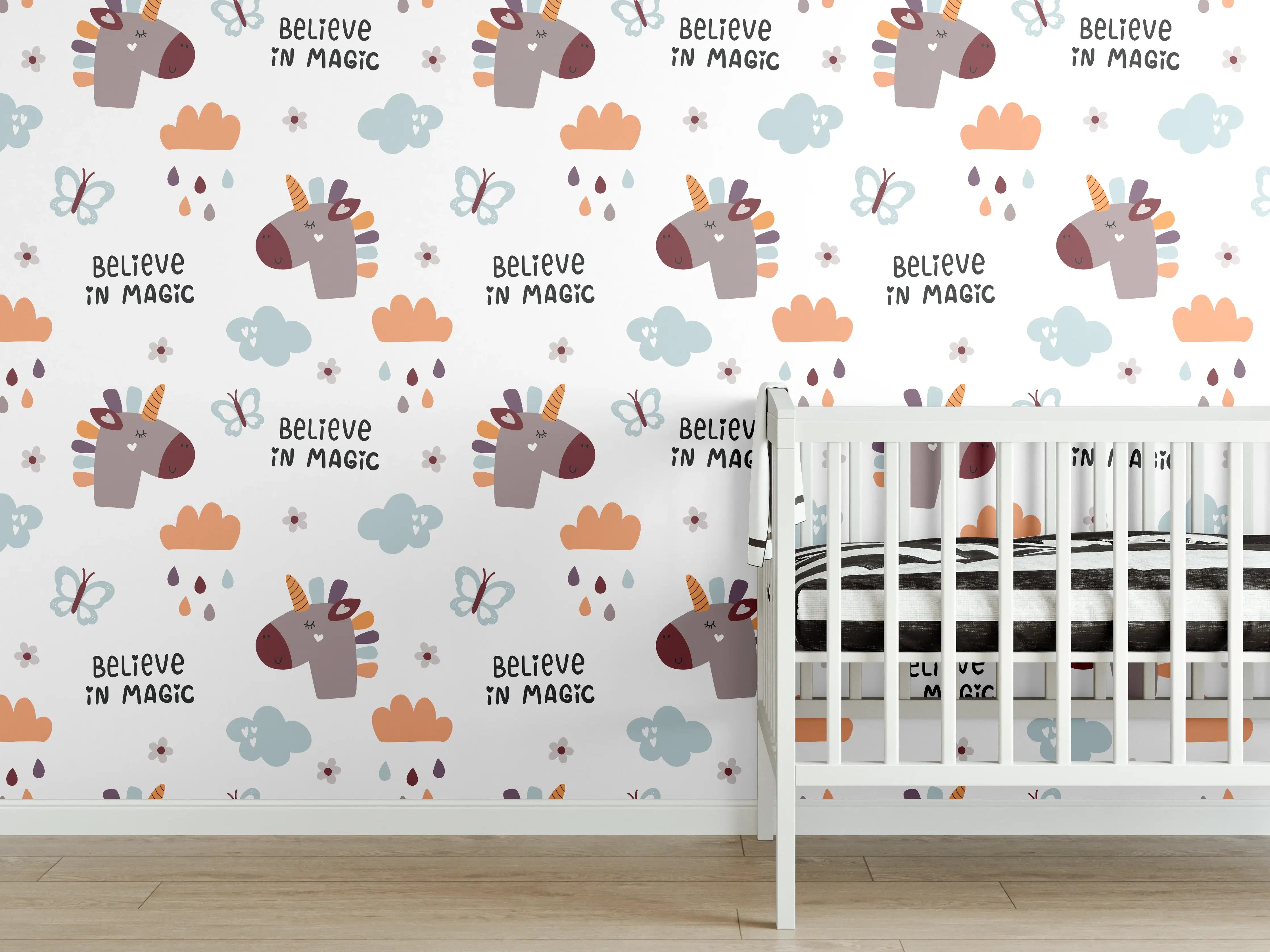 Babyzimmer Wandgestaltung - Niedlicher Einhorn-Print mit Wolken und Sternen