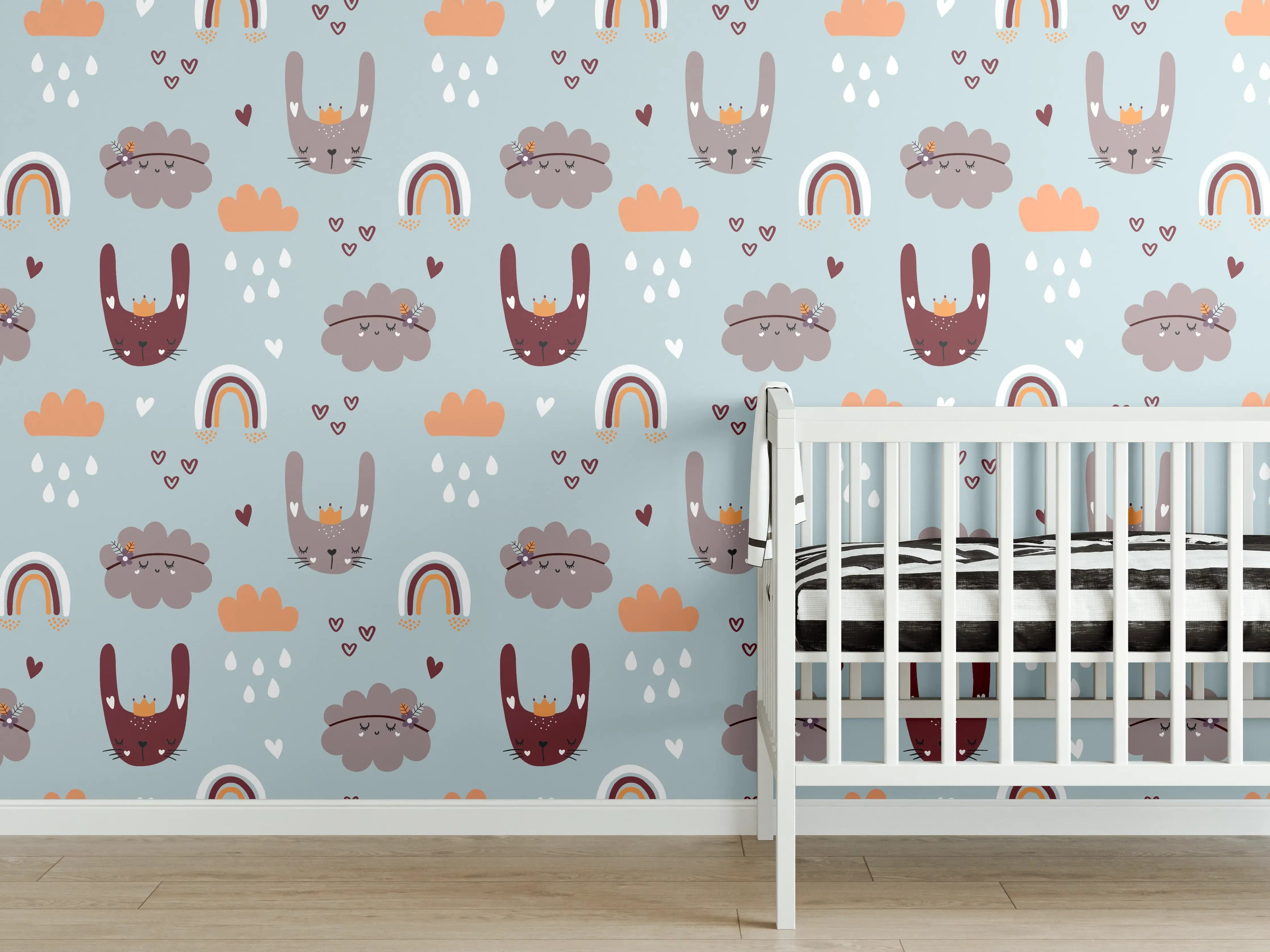 Babyzimmer Wandgestaltung - Niedliches Regenbogen- und Wolkenmuster in Pastellfarben