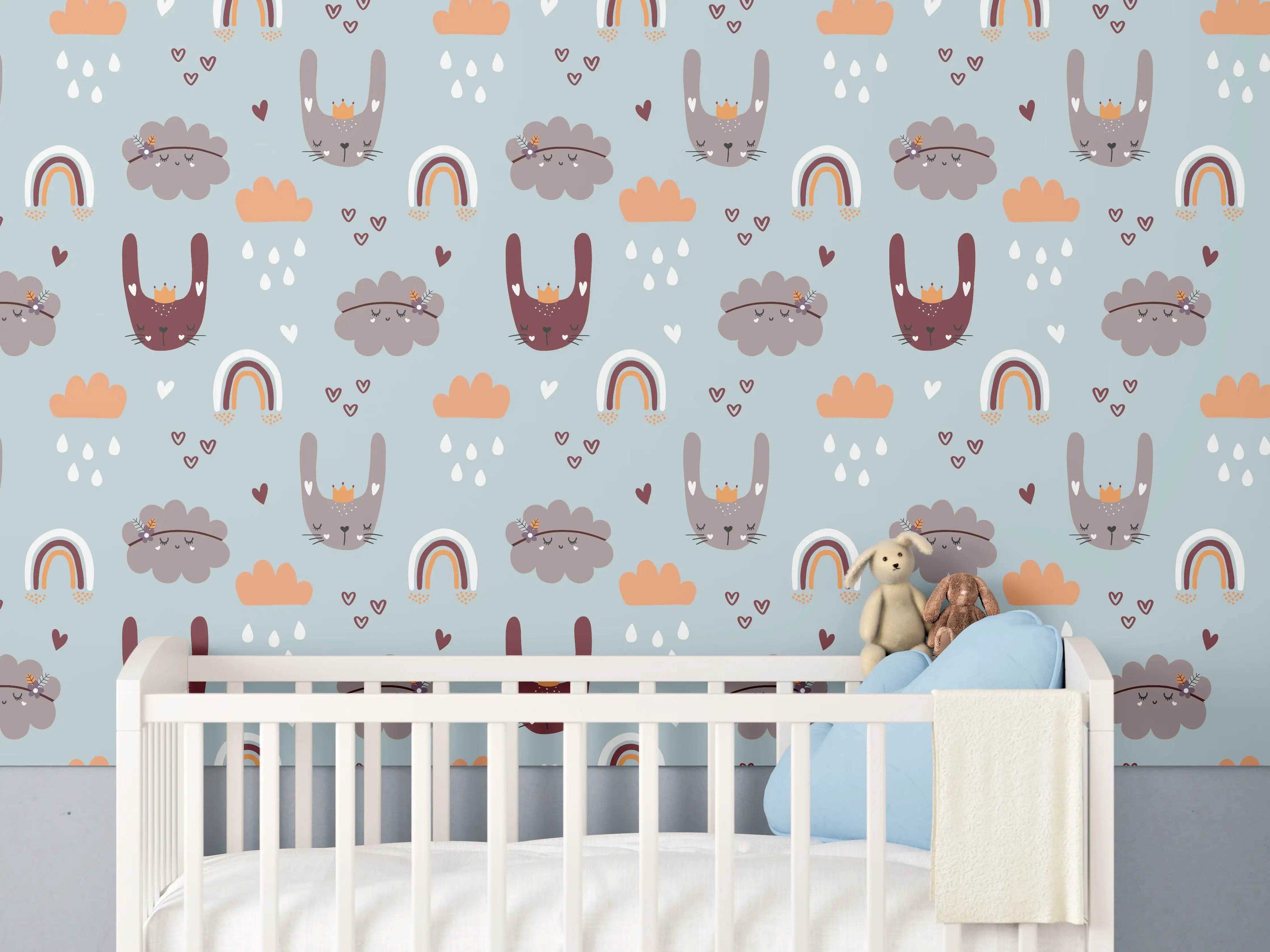 Babyzimmer Wandgestaltung - Niedliches Regenbogen- und Wolkenmuster in Pastellfarben