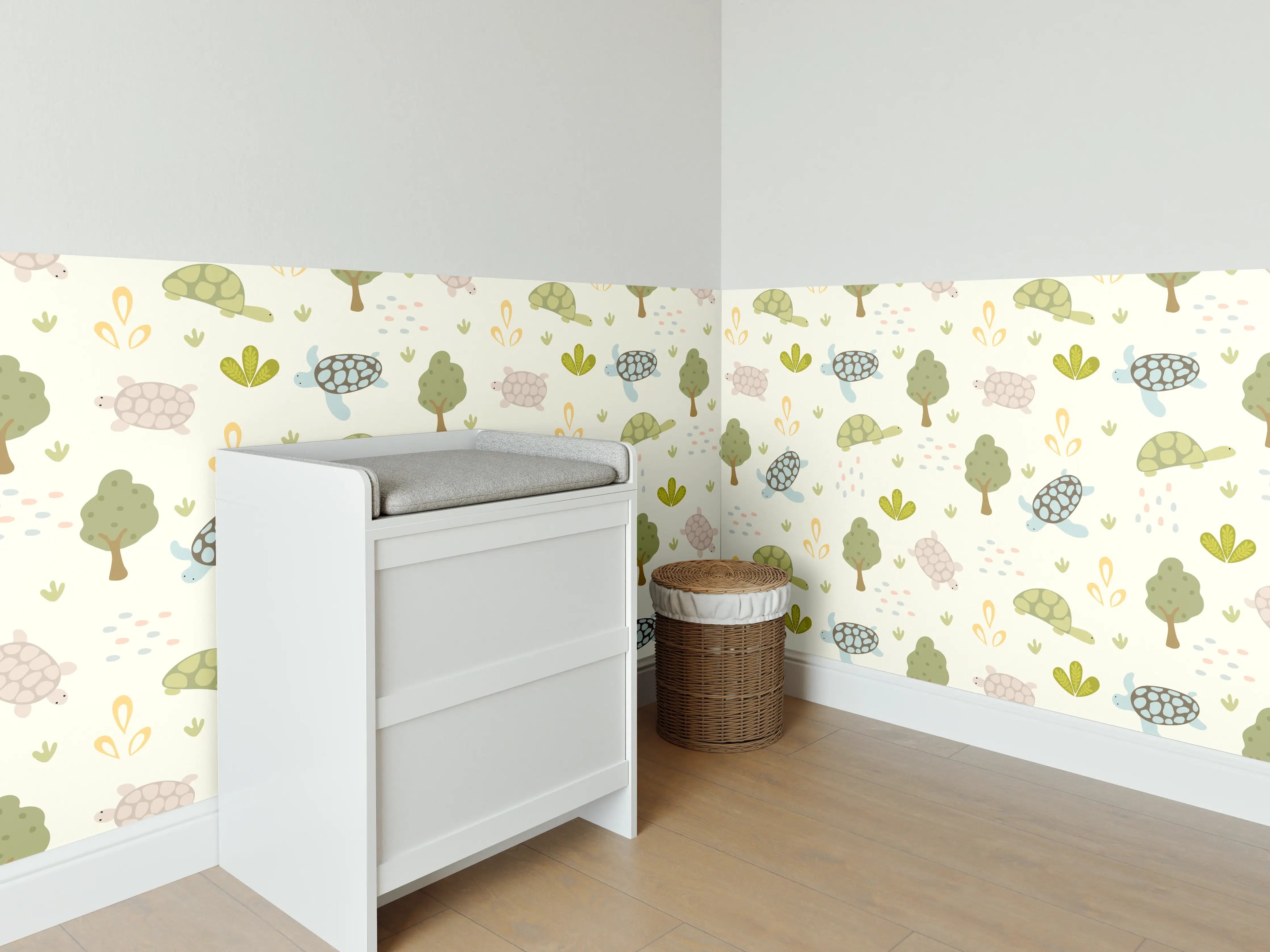Babyzimmer Wandgestaltung - Niedliches Tier- und Naturmotiv in sanften Pastellfarben