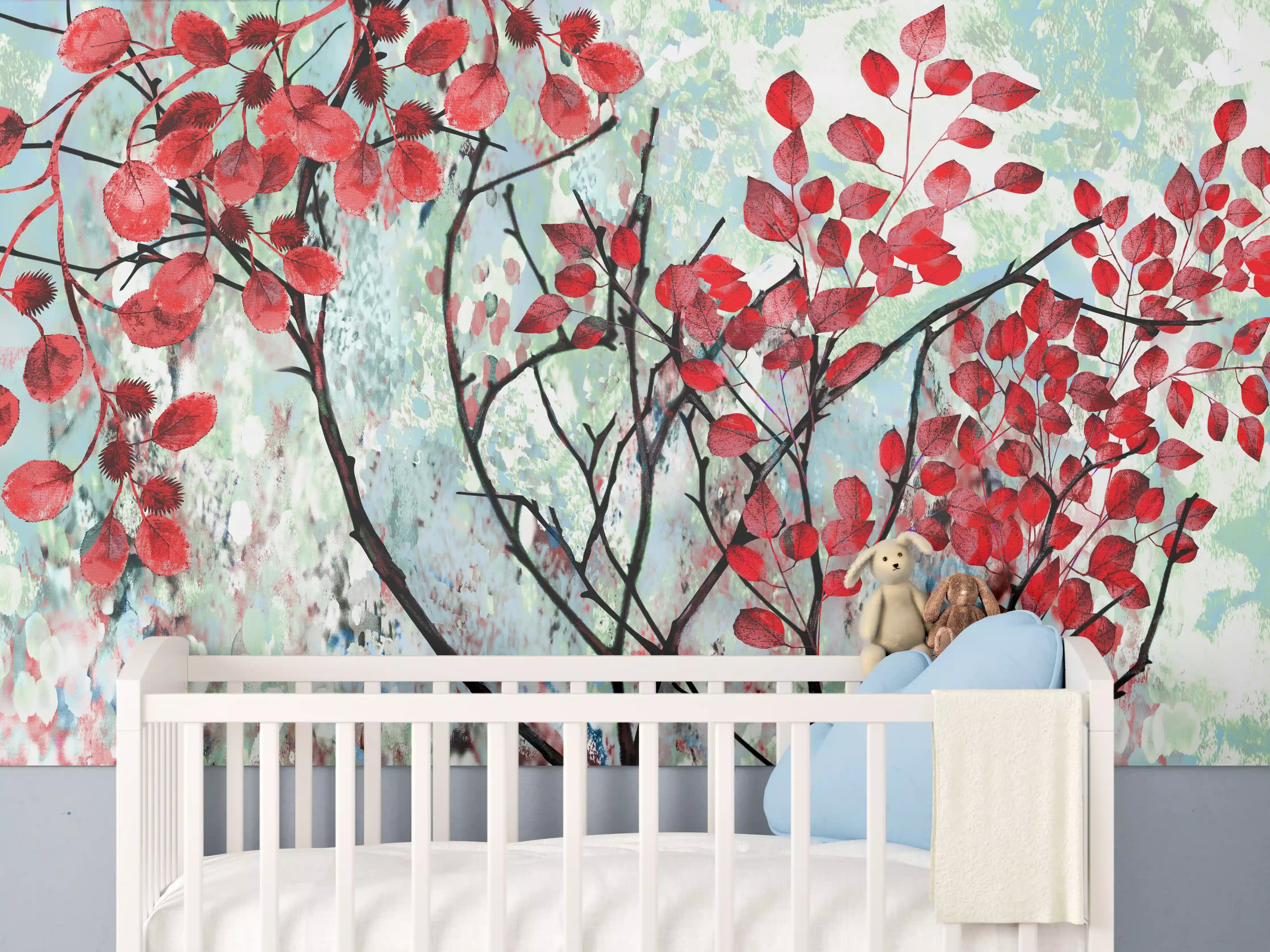 Babyzimmer Wandgestaltung - Ölmalerei von roten Blättern im Frühling