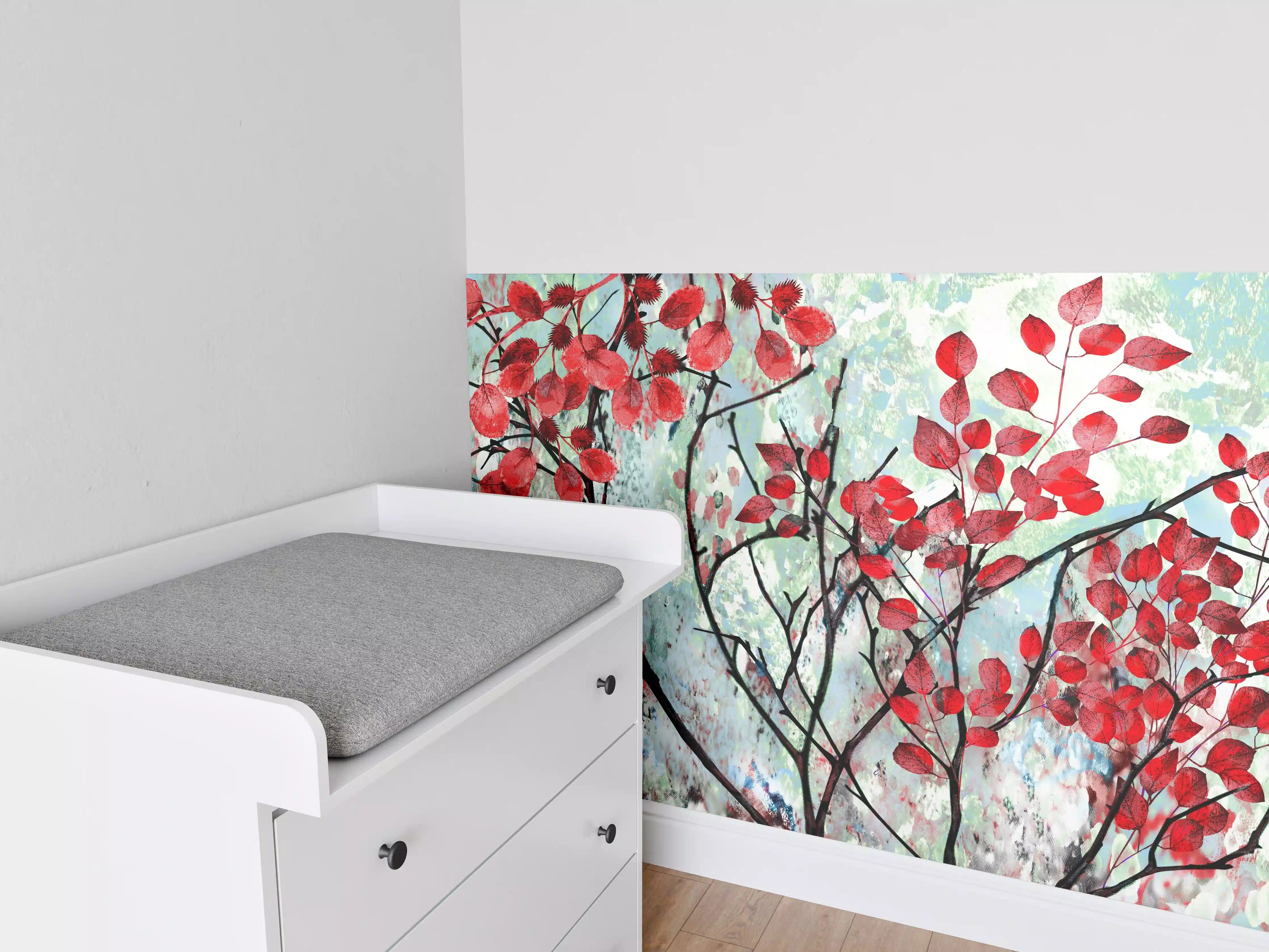 Babyzimmer Wandgestaltung - Ölmalerei von roten Blättern im Frühling