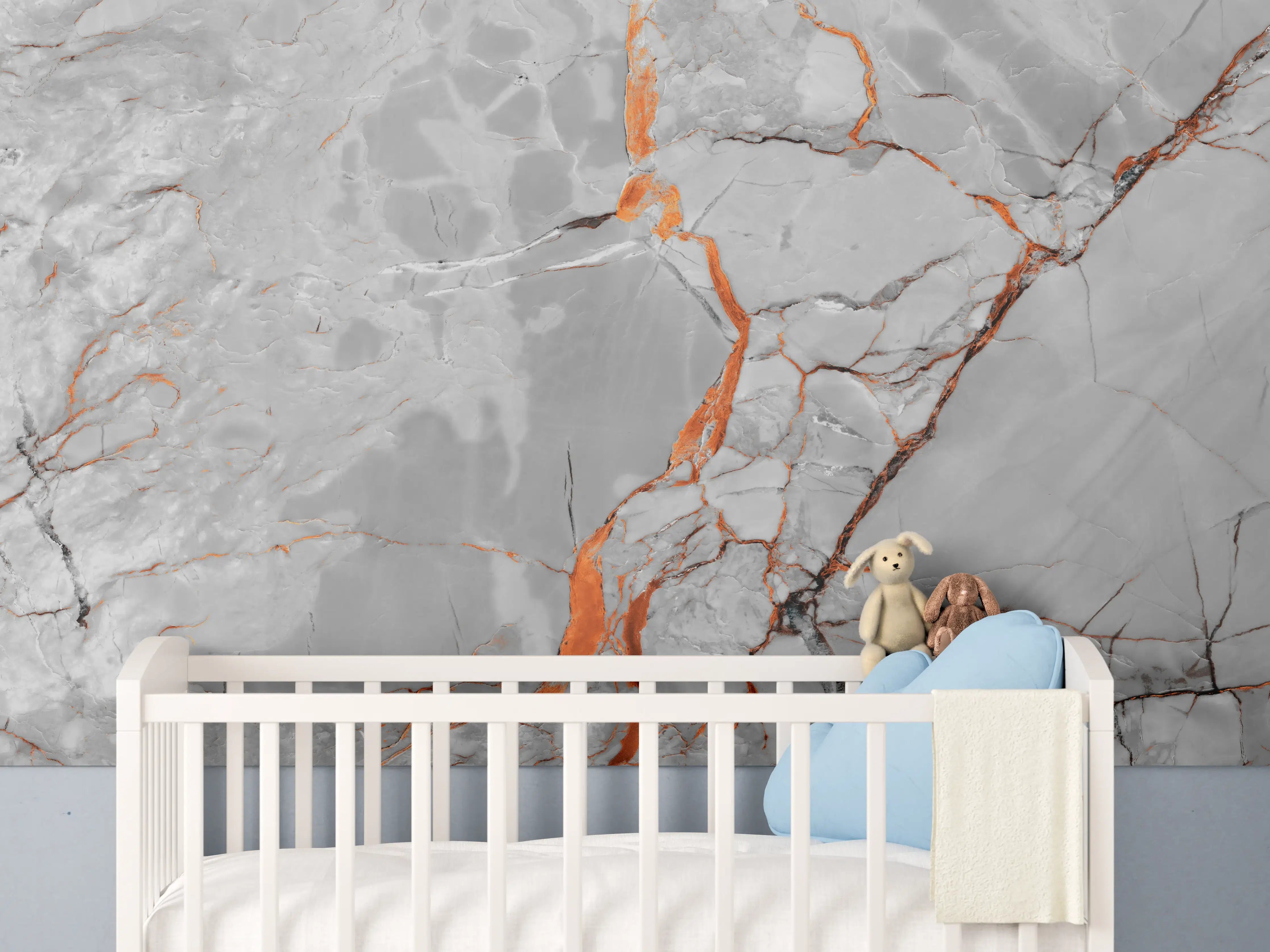 Babyzimmer Wandgestaltung - Orange-Weiß natürliche Marmortextur
