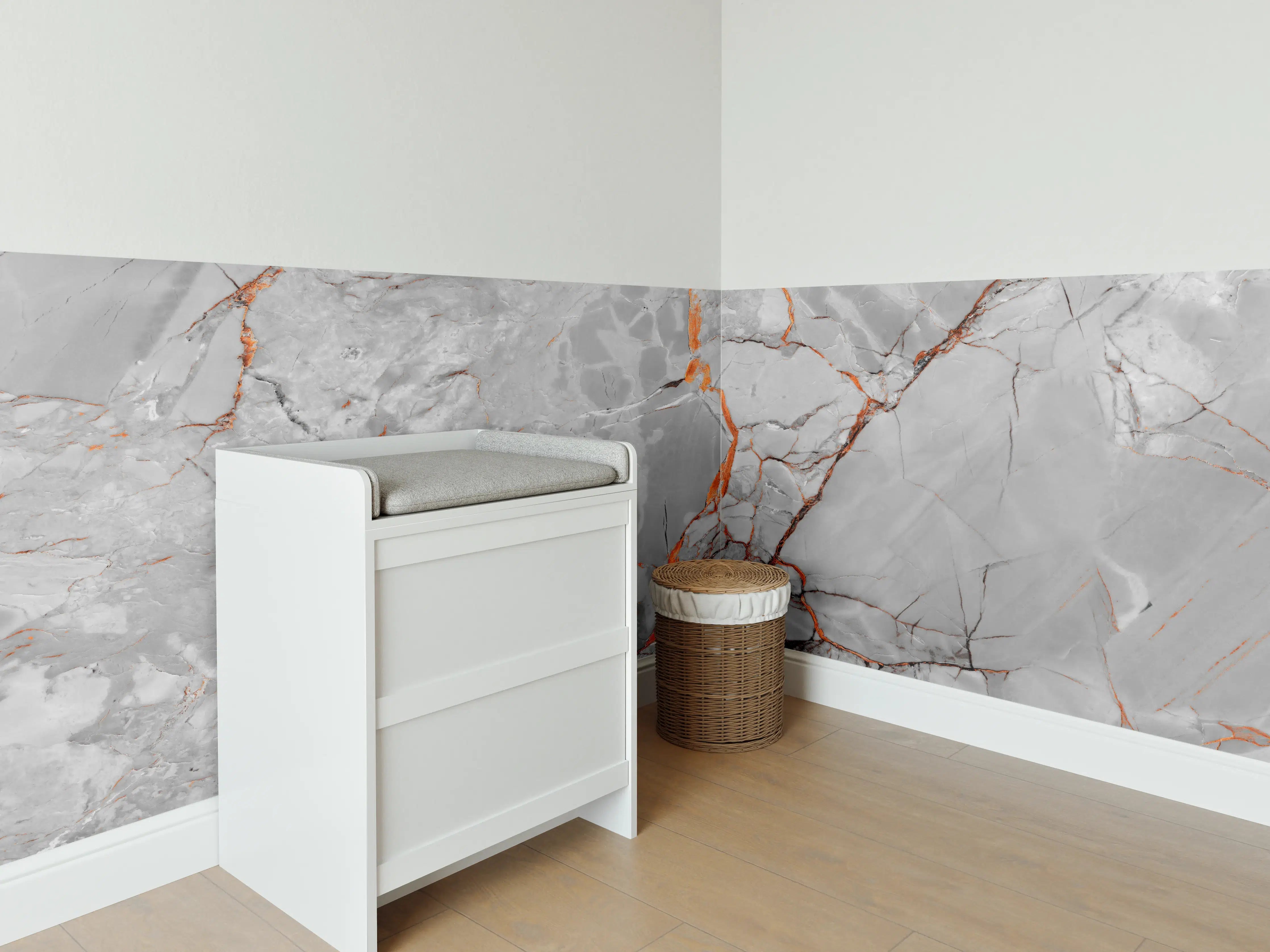 Babyzimmer Wandgestaltung - Orange-Weiß natürliche Marmortextur