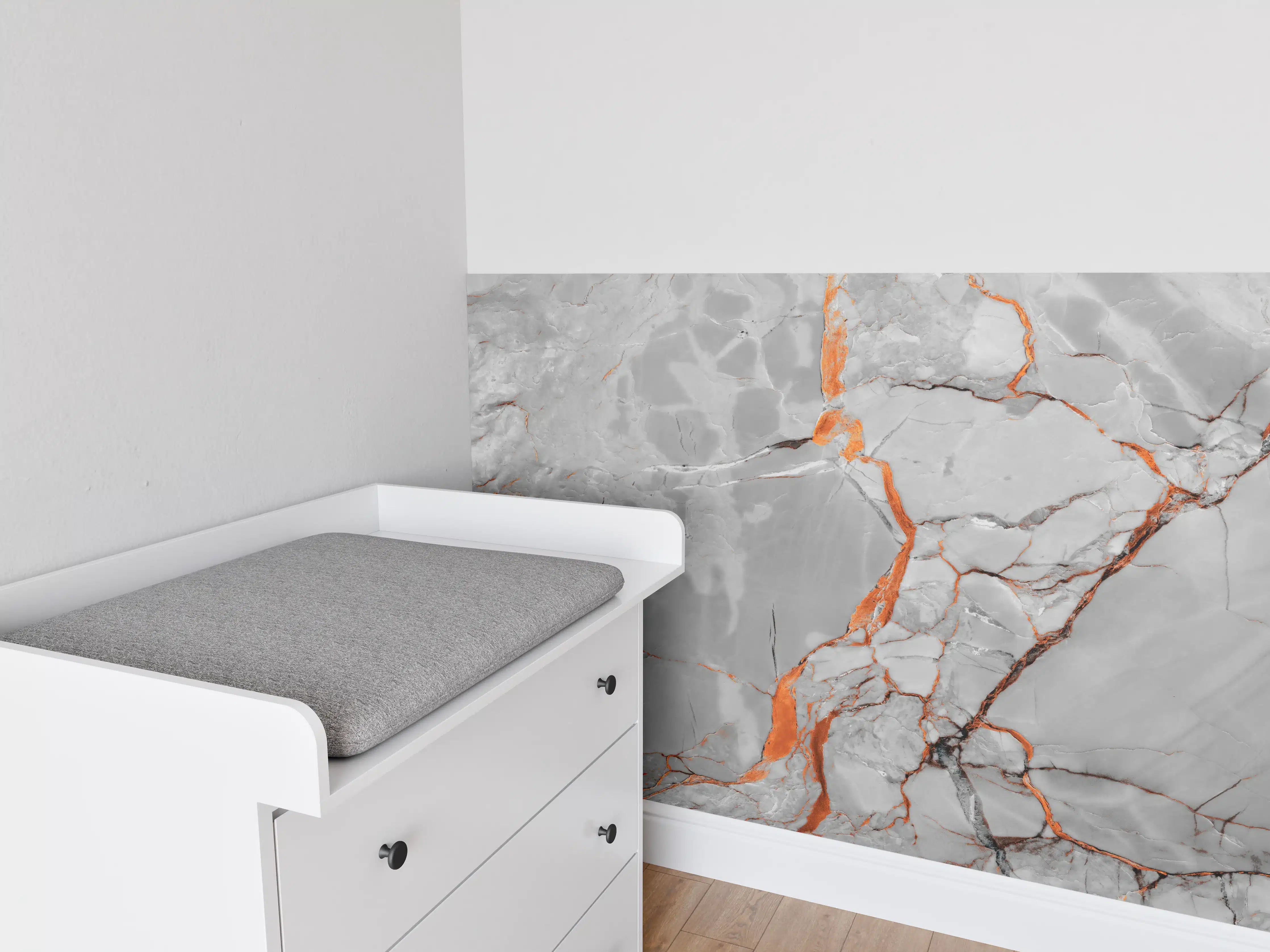 Babyzimmer Wandgestaltung - Orange-Weiß natürliche Marmortextur