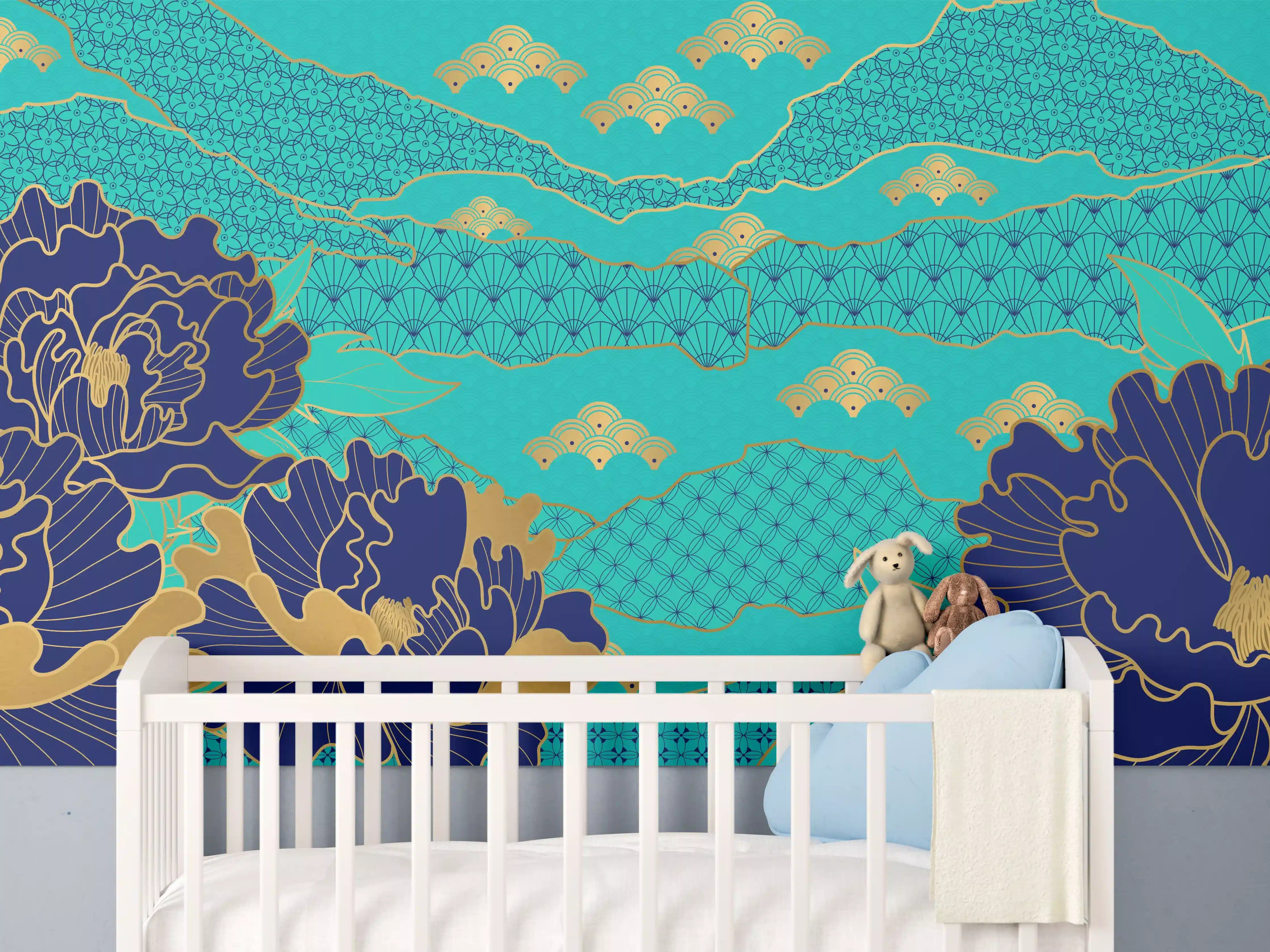 Babyzimmer Wandgestaltung - Orientalisch-Blauer Blumen-Digitaldruck