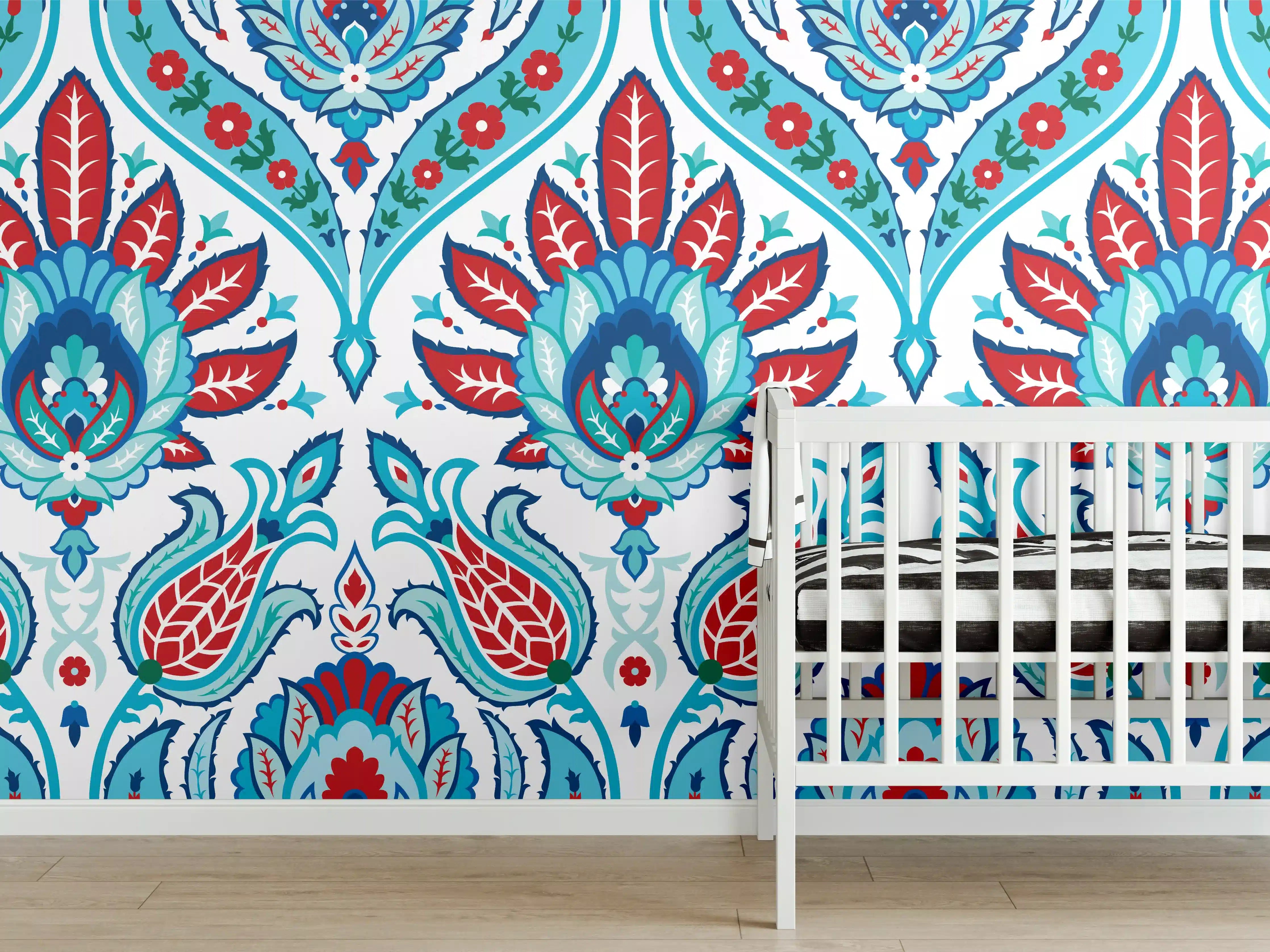 Babyzimmer Wandgestaltung - Orientalisches Türkis-Rot Druckmuster