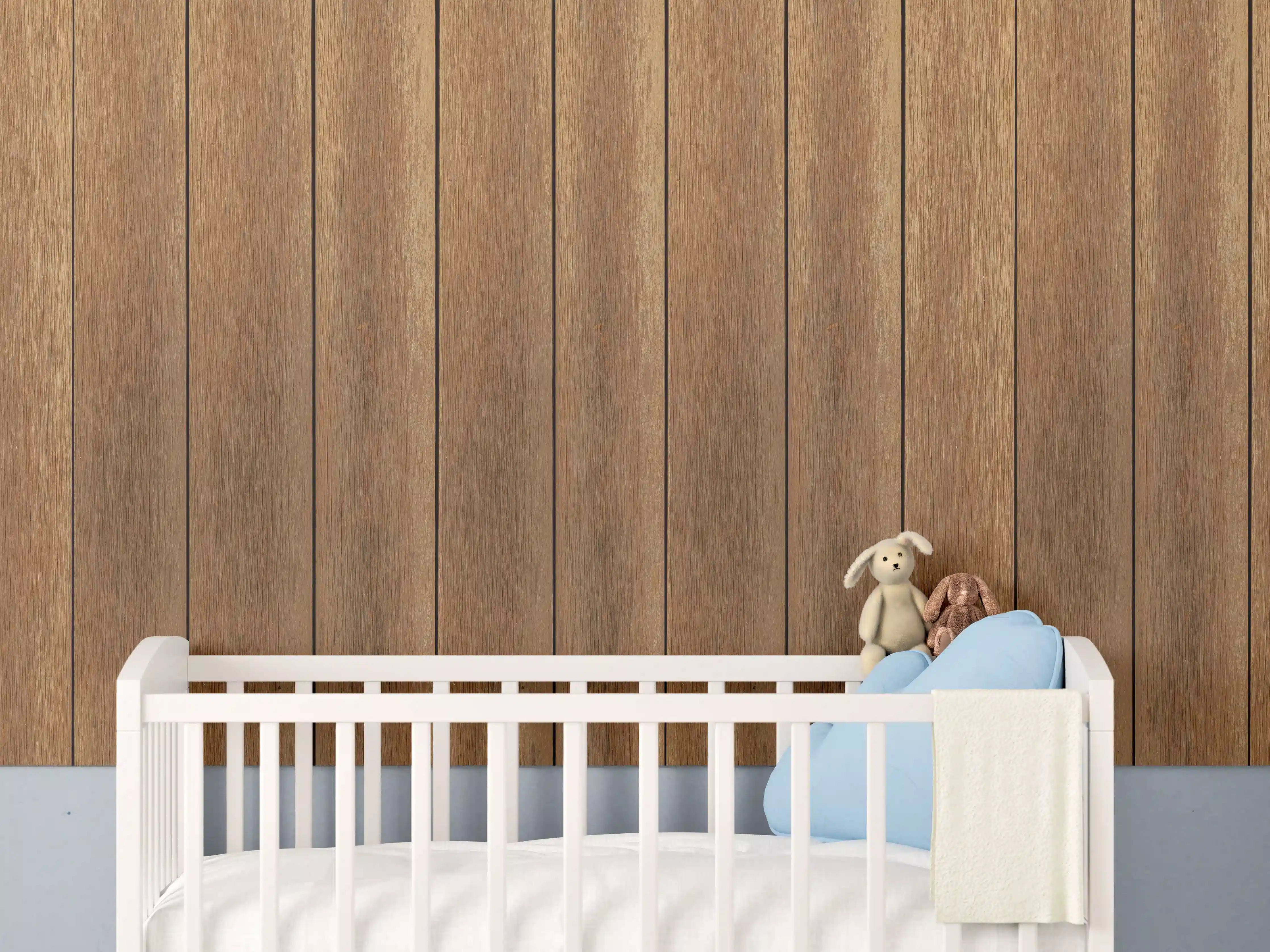 Babyzimmer Wandgestaltung - Panorama der braunen Vintage Holzwand