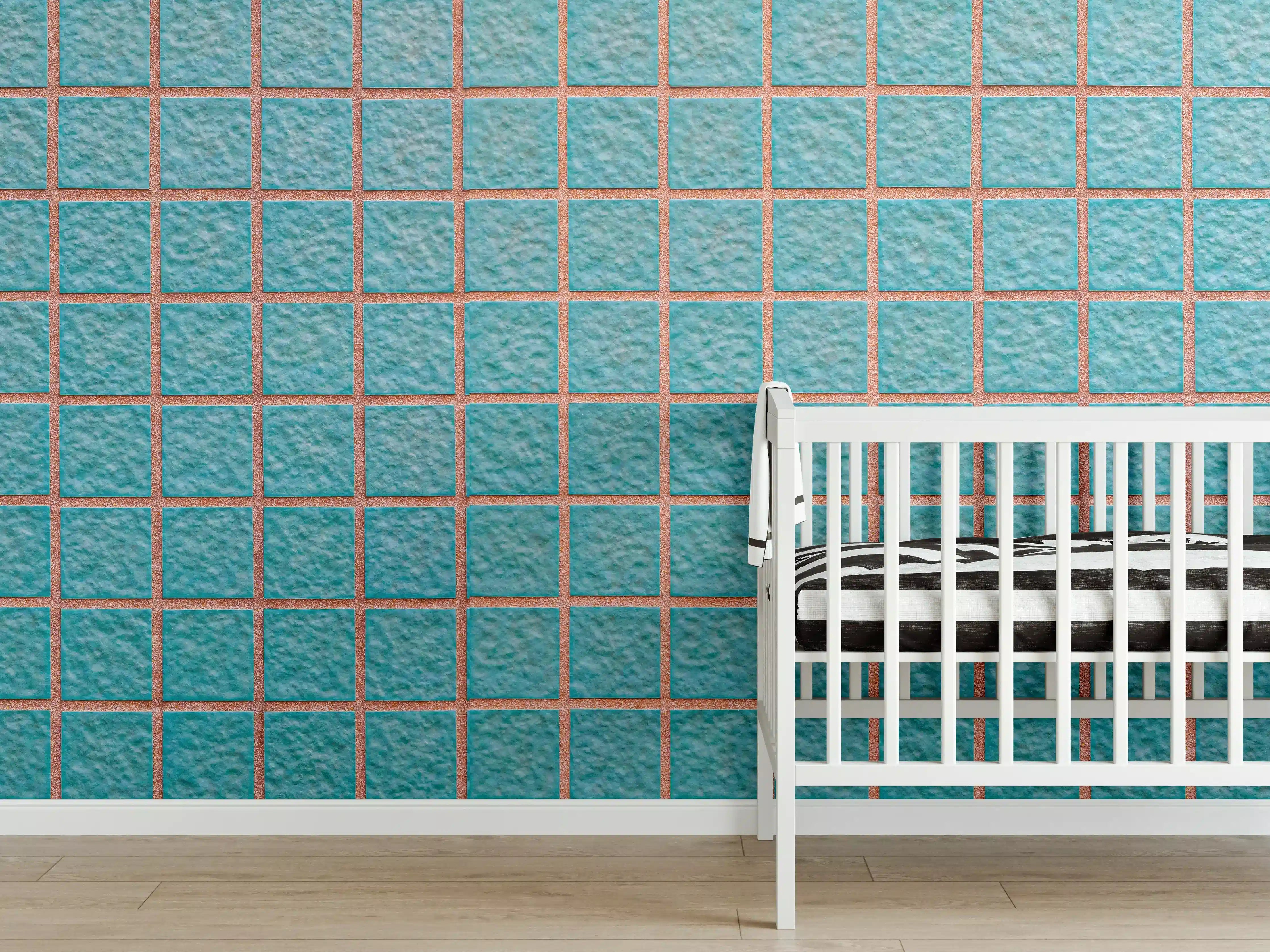 Babyzimmer Wandgestaltung - Panorama der hellblauen Steinblockwand