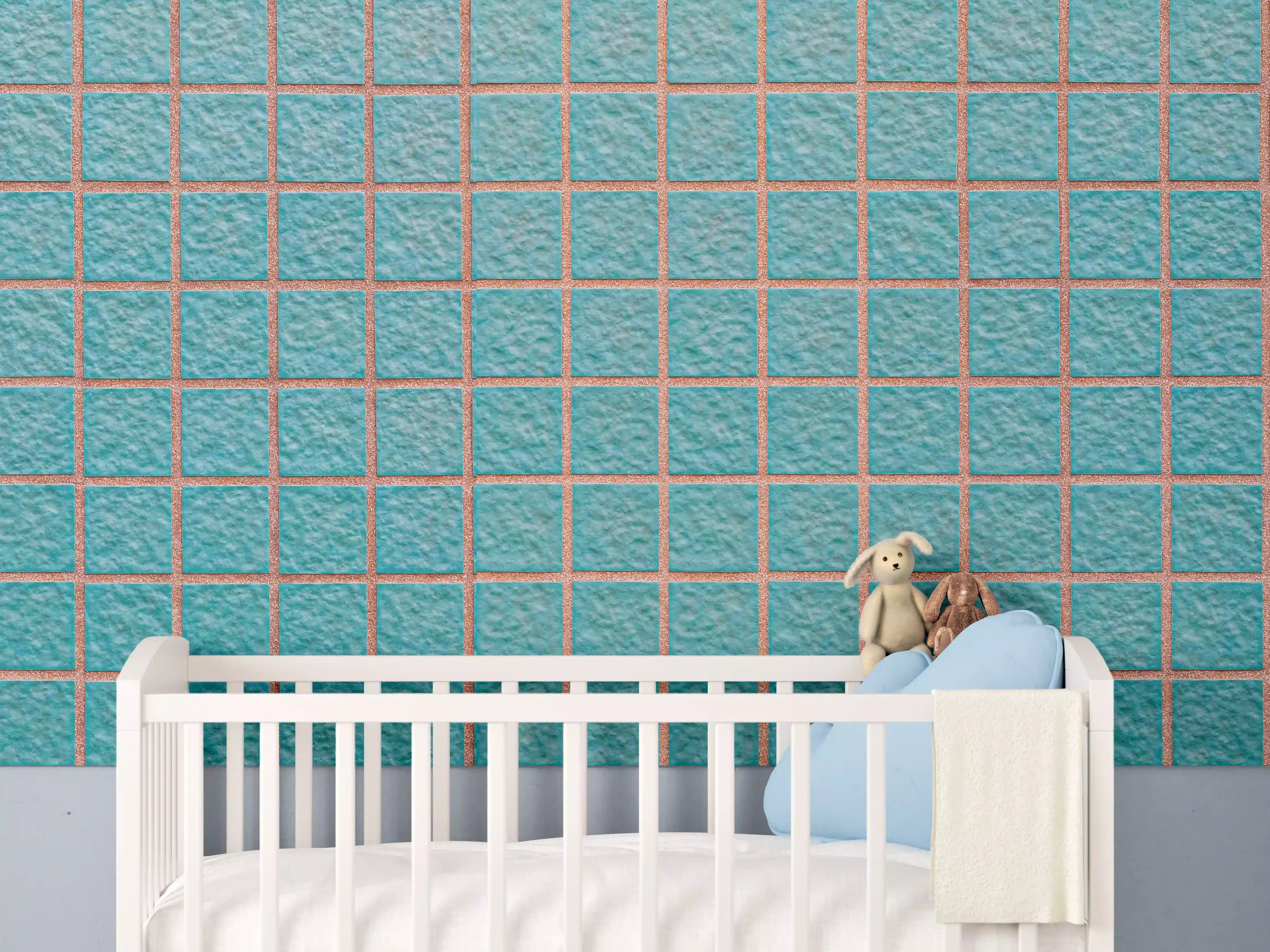 Babyzimmer Wandgestaltung - Panorama der hellblauen Steinblockwand