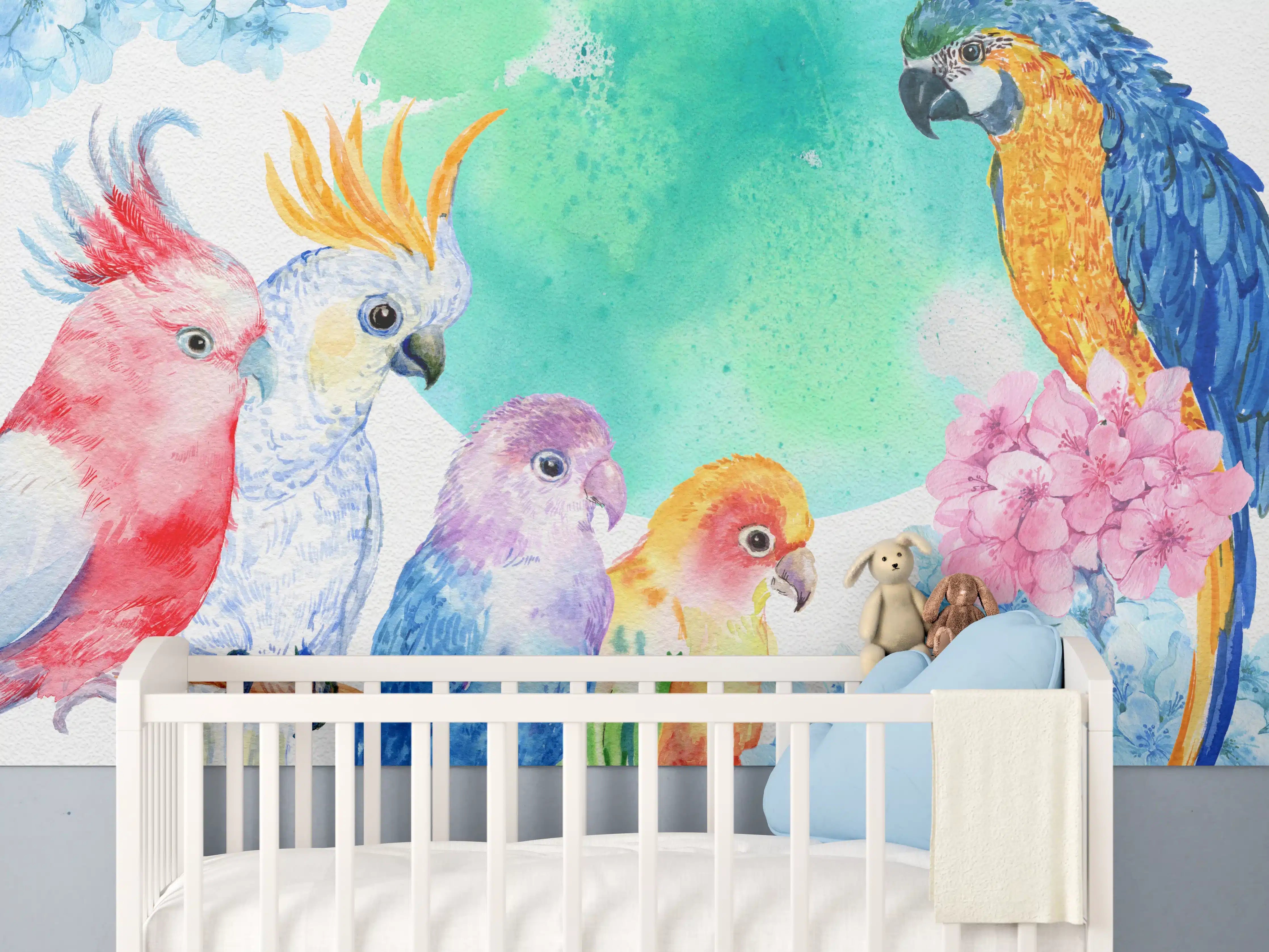 Babyzimmer Wandgestaltung - Papagei Aquarell - exotisch