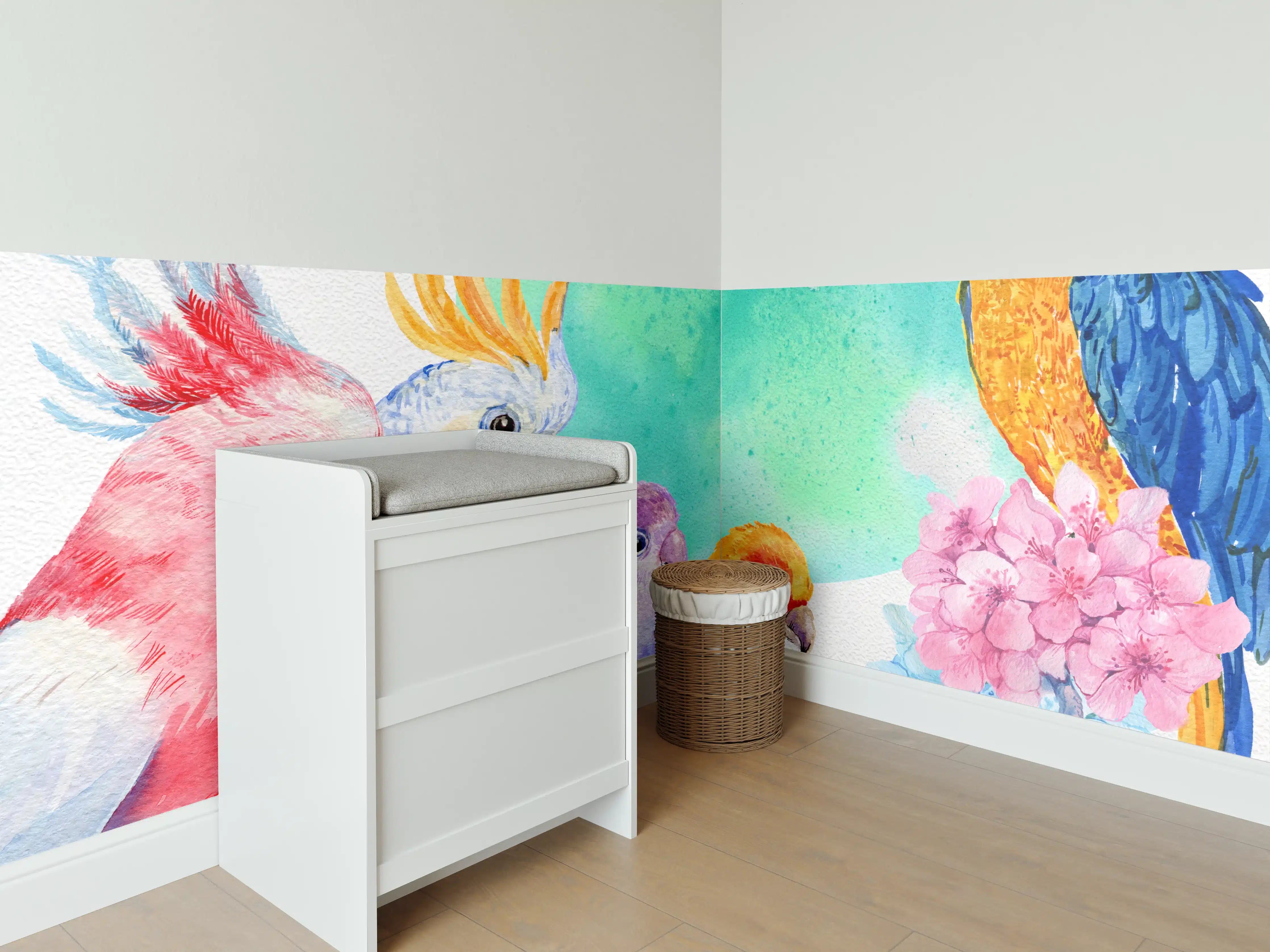 Babyzimmer Wandgestaltung - Papagei Aquarell - exotisch