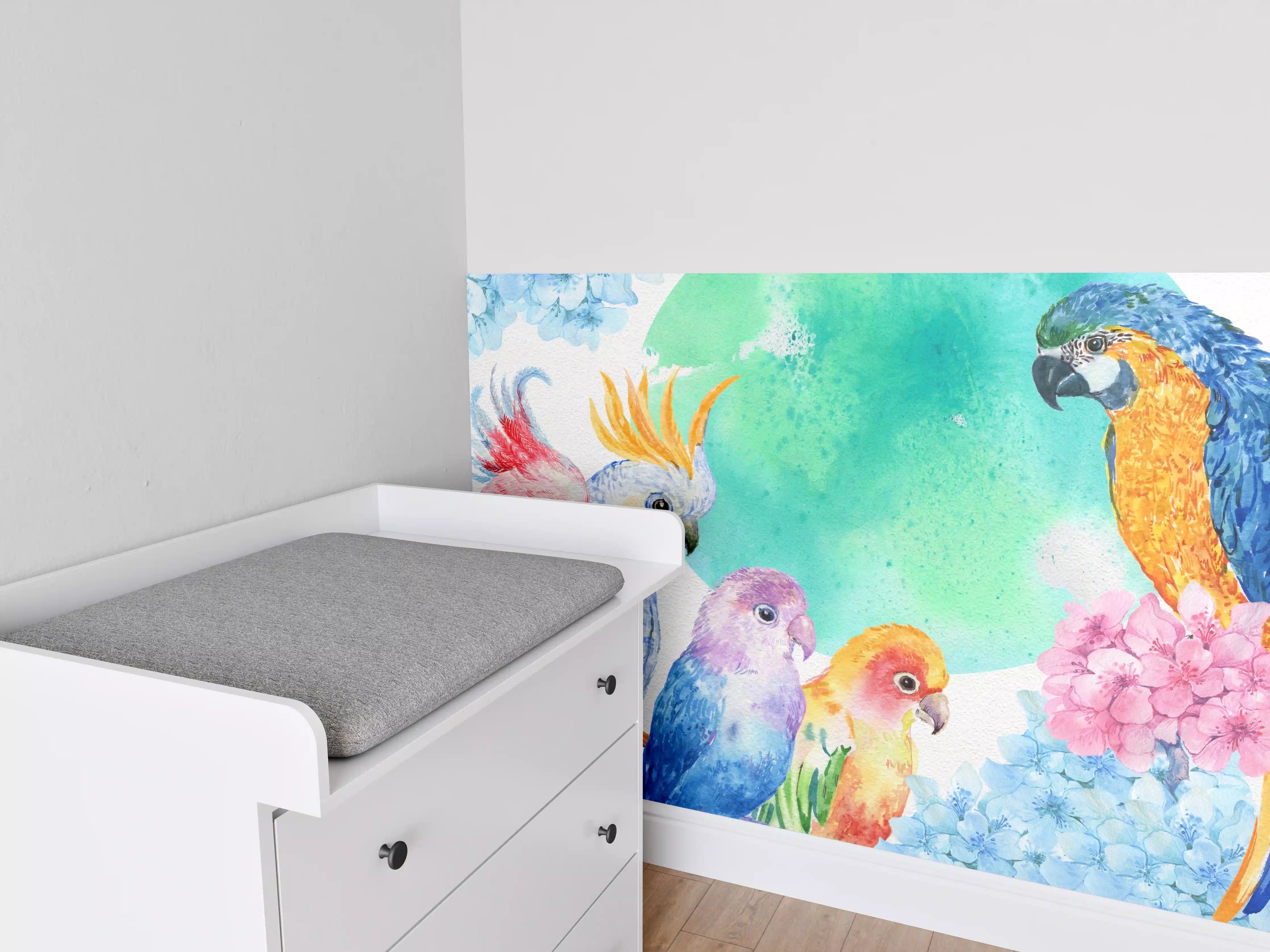 Babyzimmer Wandgestaltung - Papagei Aquarell - exotisch
