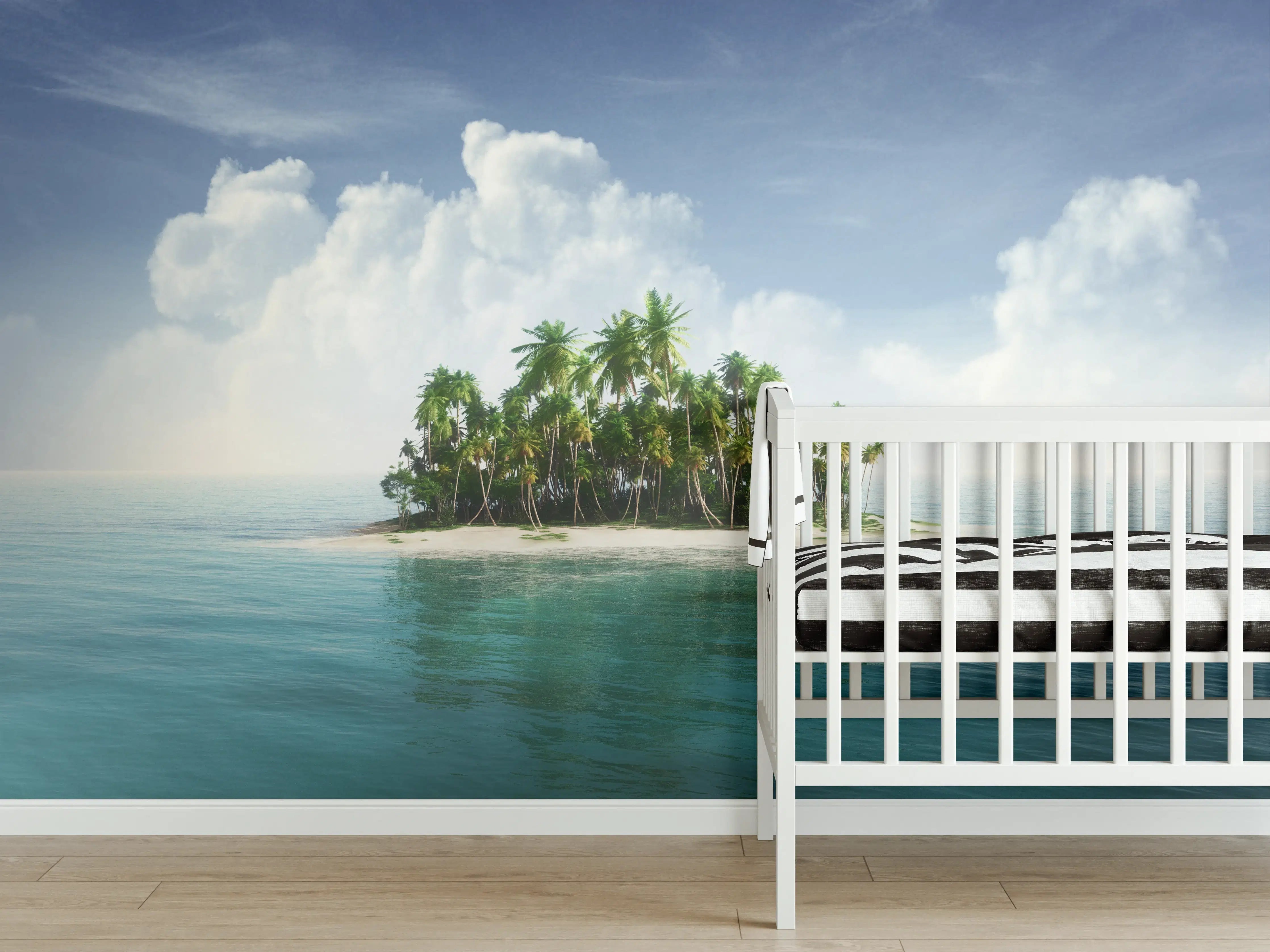 Babyzimmer Wandgestaltung - Paradiesinsel mit Palmen und blauen Himmel