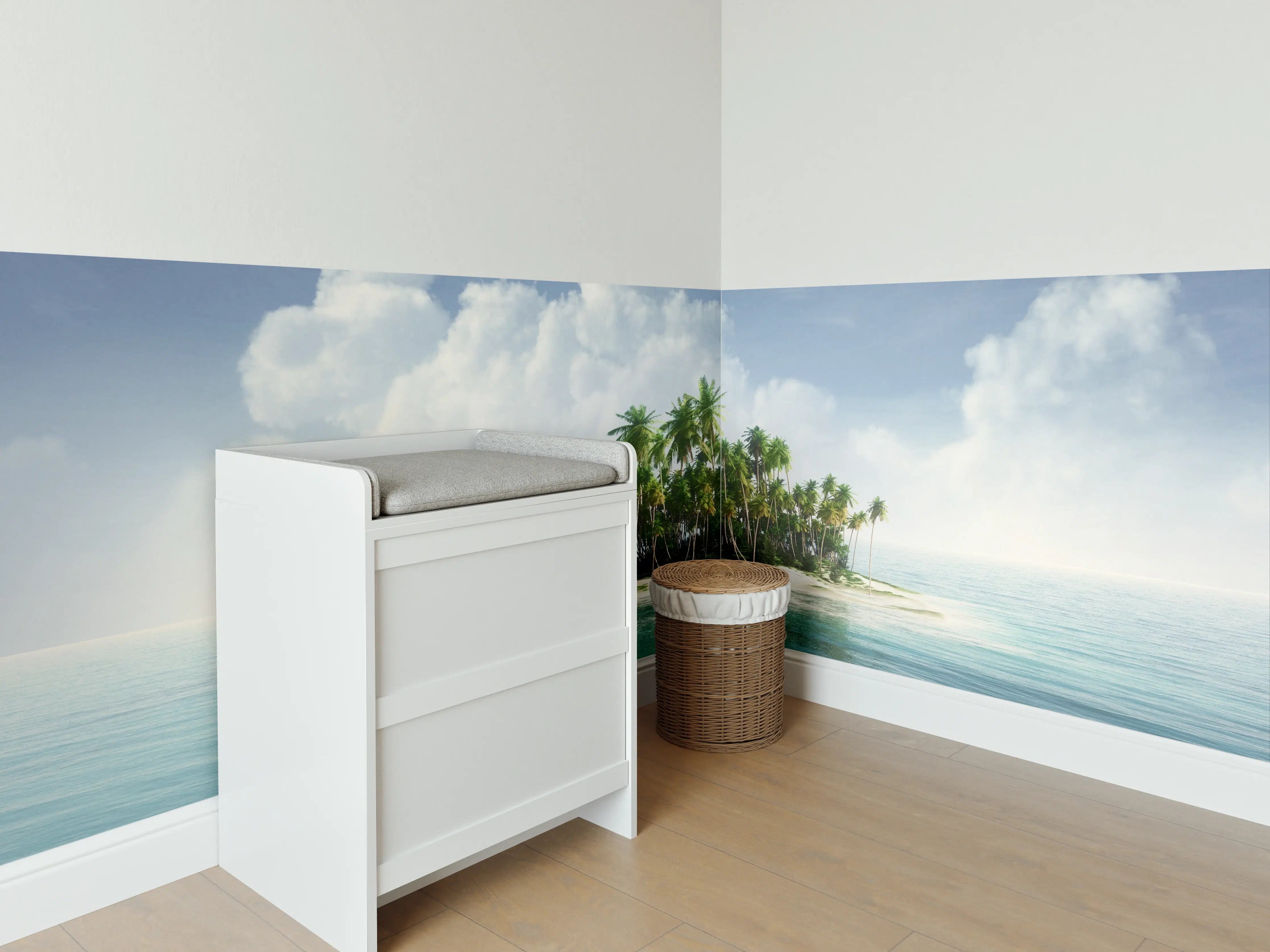 Babyzimmer Wandgestaltung - Paradiesinsel mit Palmen und blauen Himmel