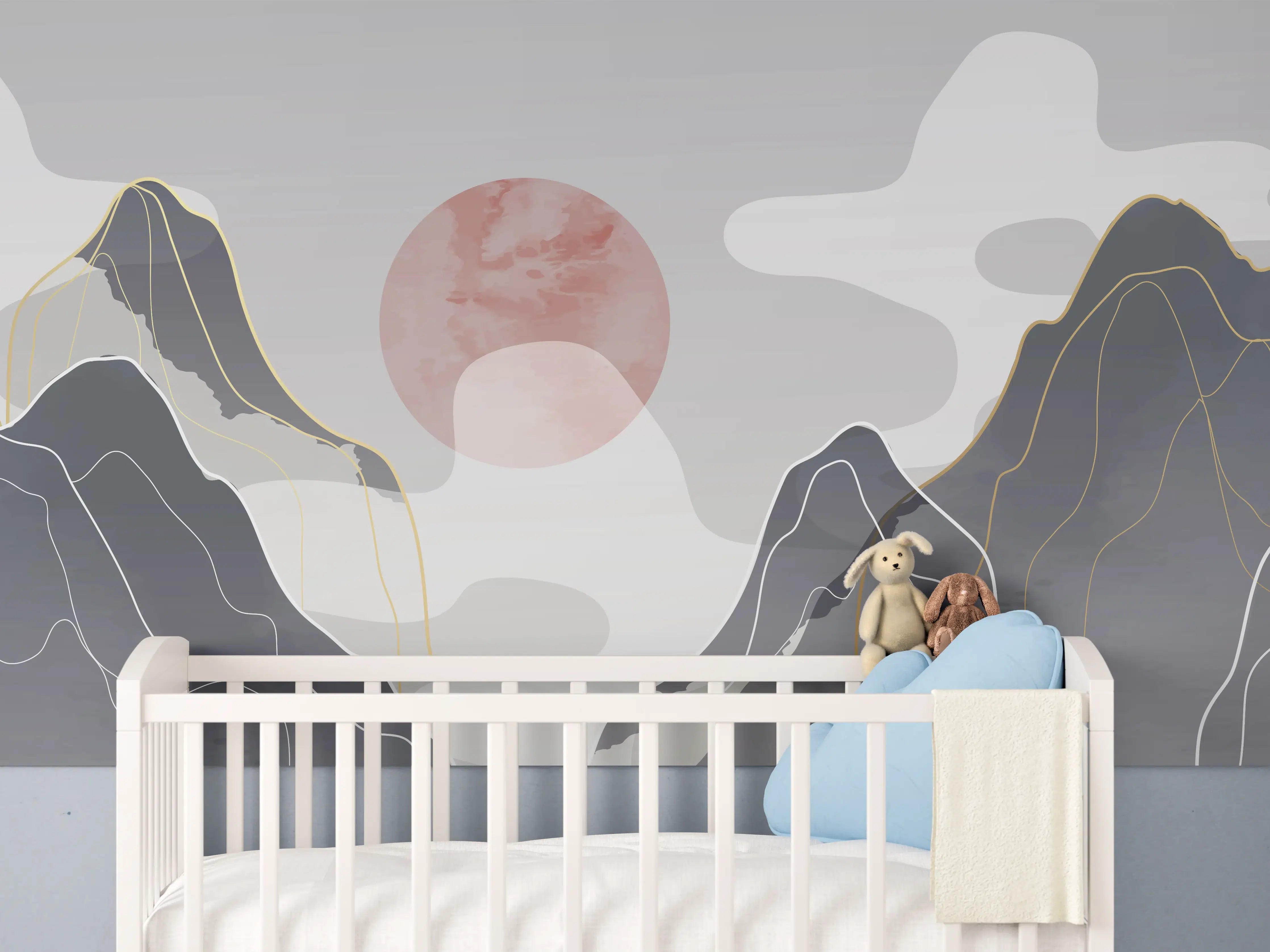 Babyzimmer Wandgestaltung - Pastell Berge Abendsonne