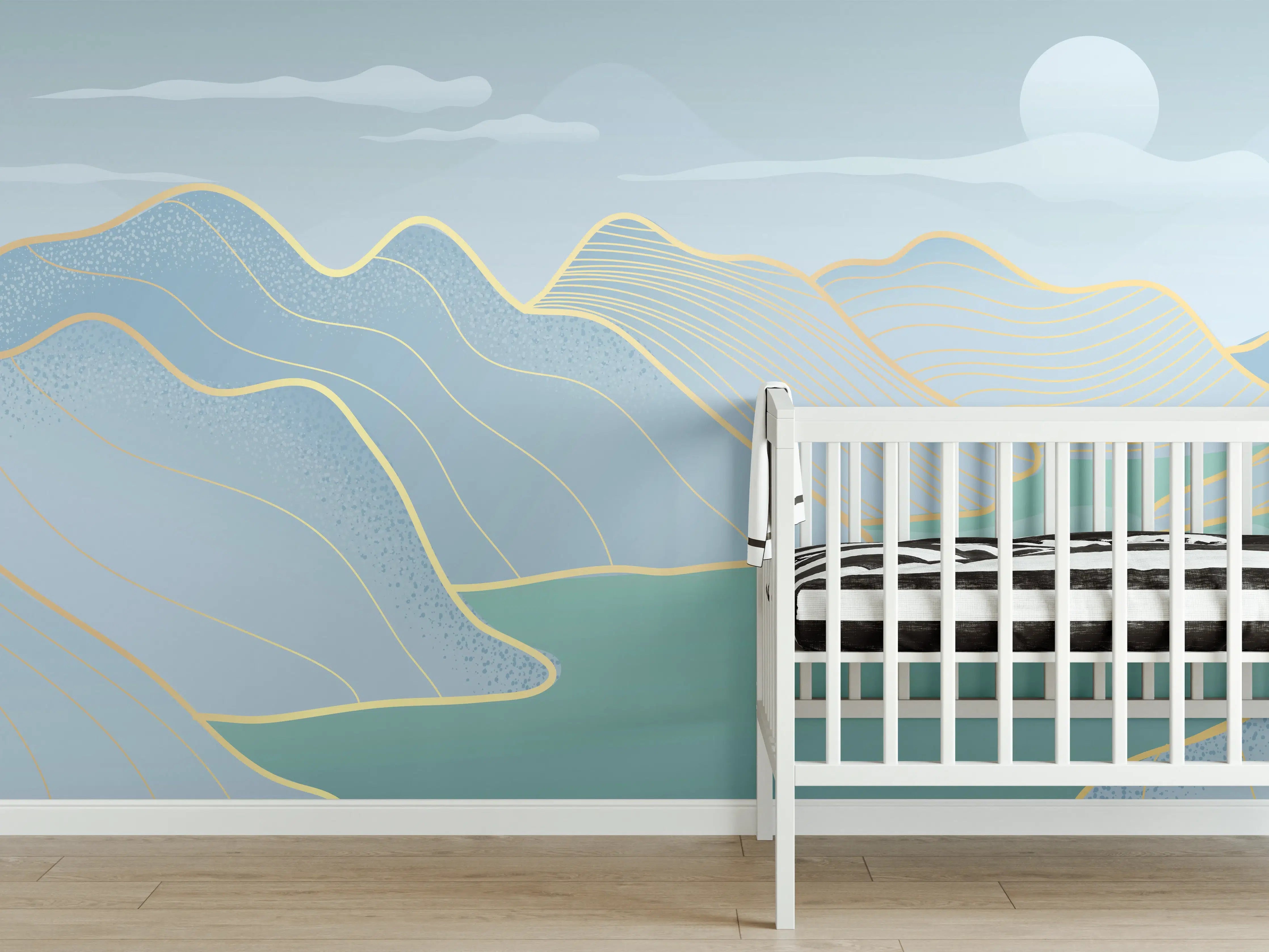 Babyzimmer Wandgestaltung - Pastell Berge und See Panorama