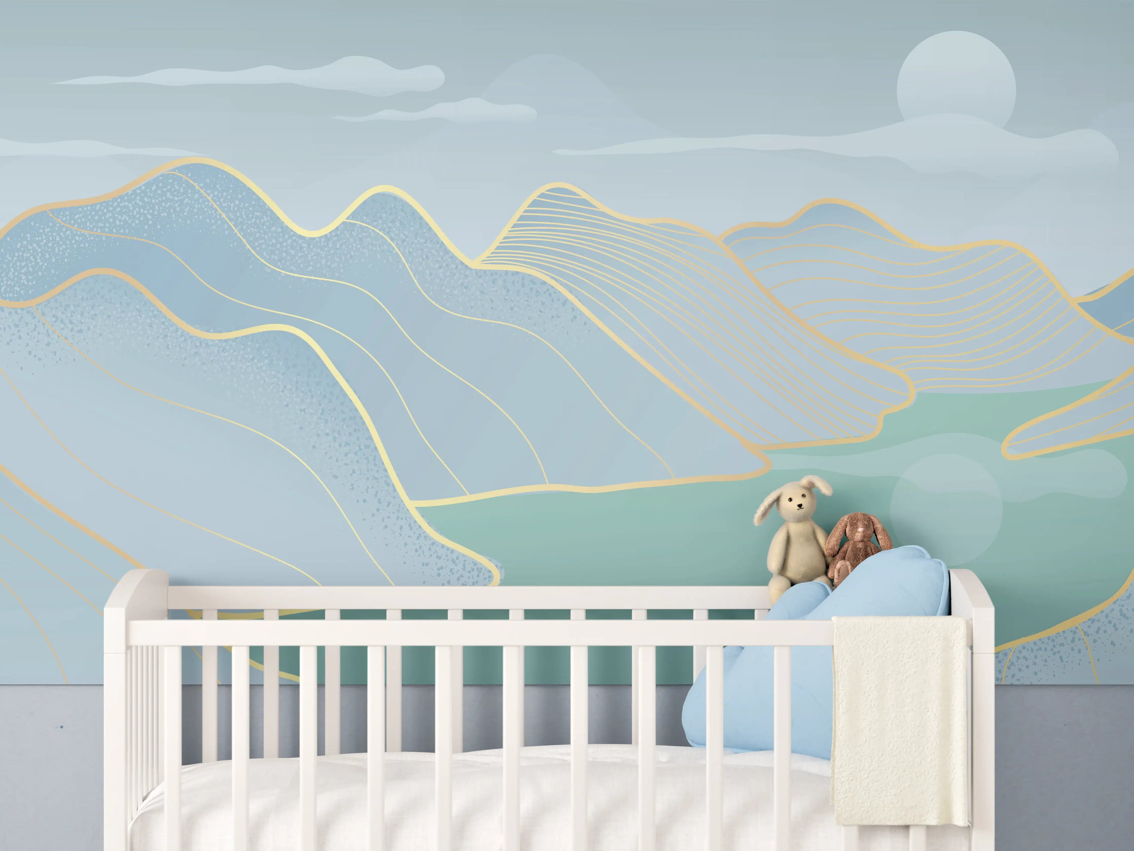 Babyzimmer Wandgestaltung - Pastell Berge und See Panorama