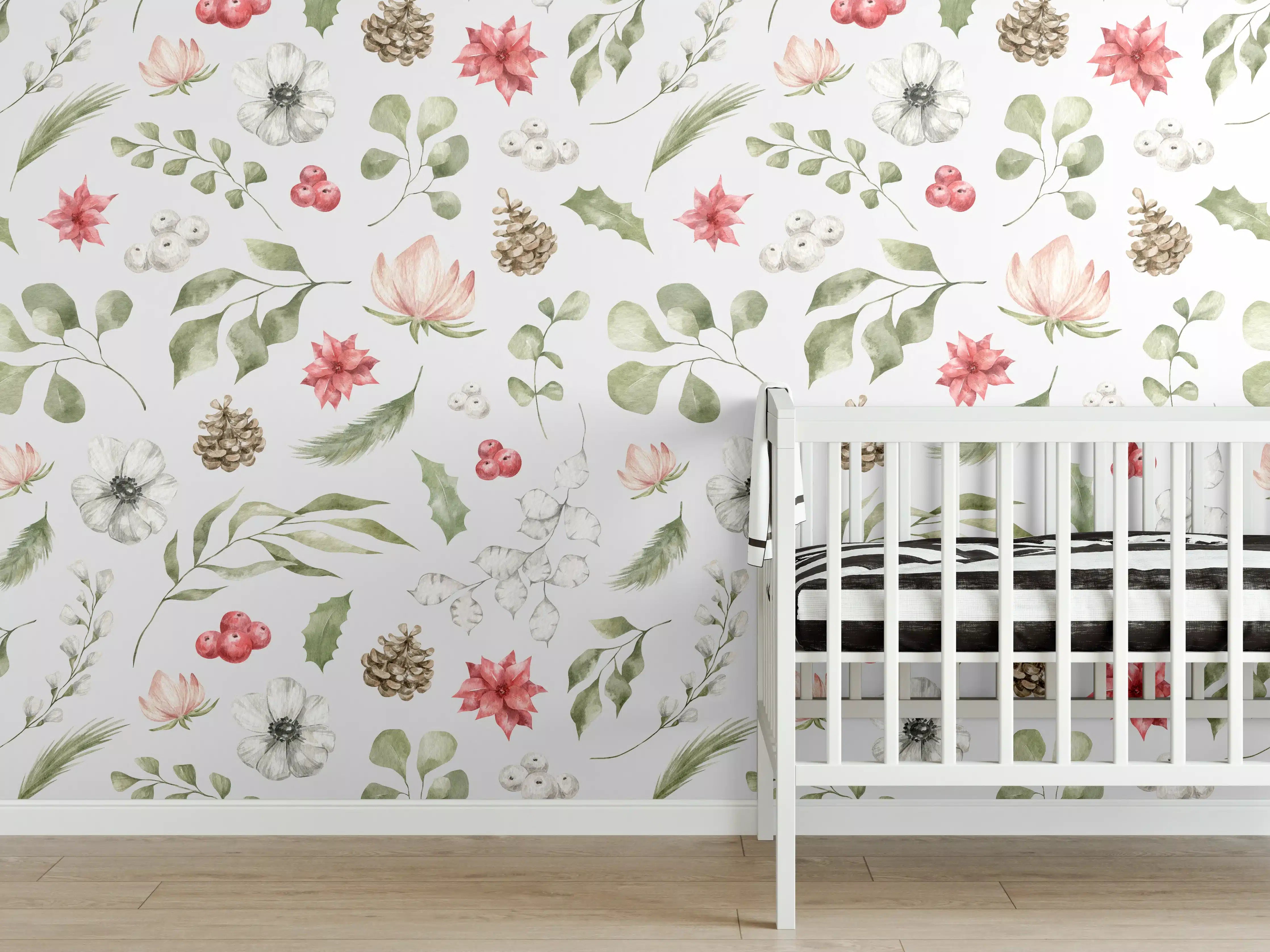 Babyzimmer Wandgestaltung - Pastell Blumenmuster Weiß-Grün-Rosa