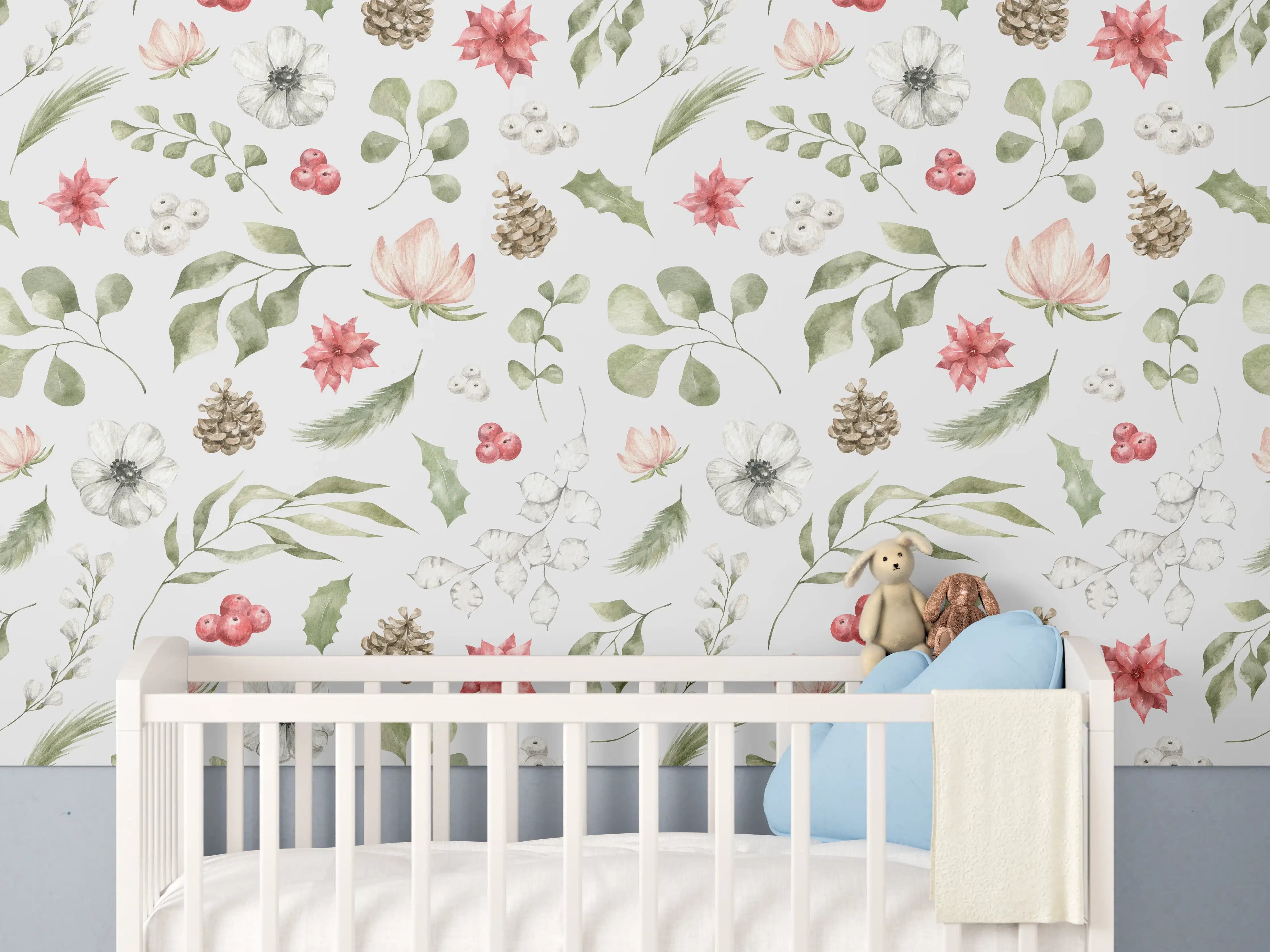 Babyzimmer Wandgestaltung - Pastell Blumenmuster Weiß-Grün-Rosa