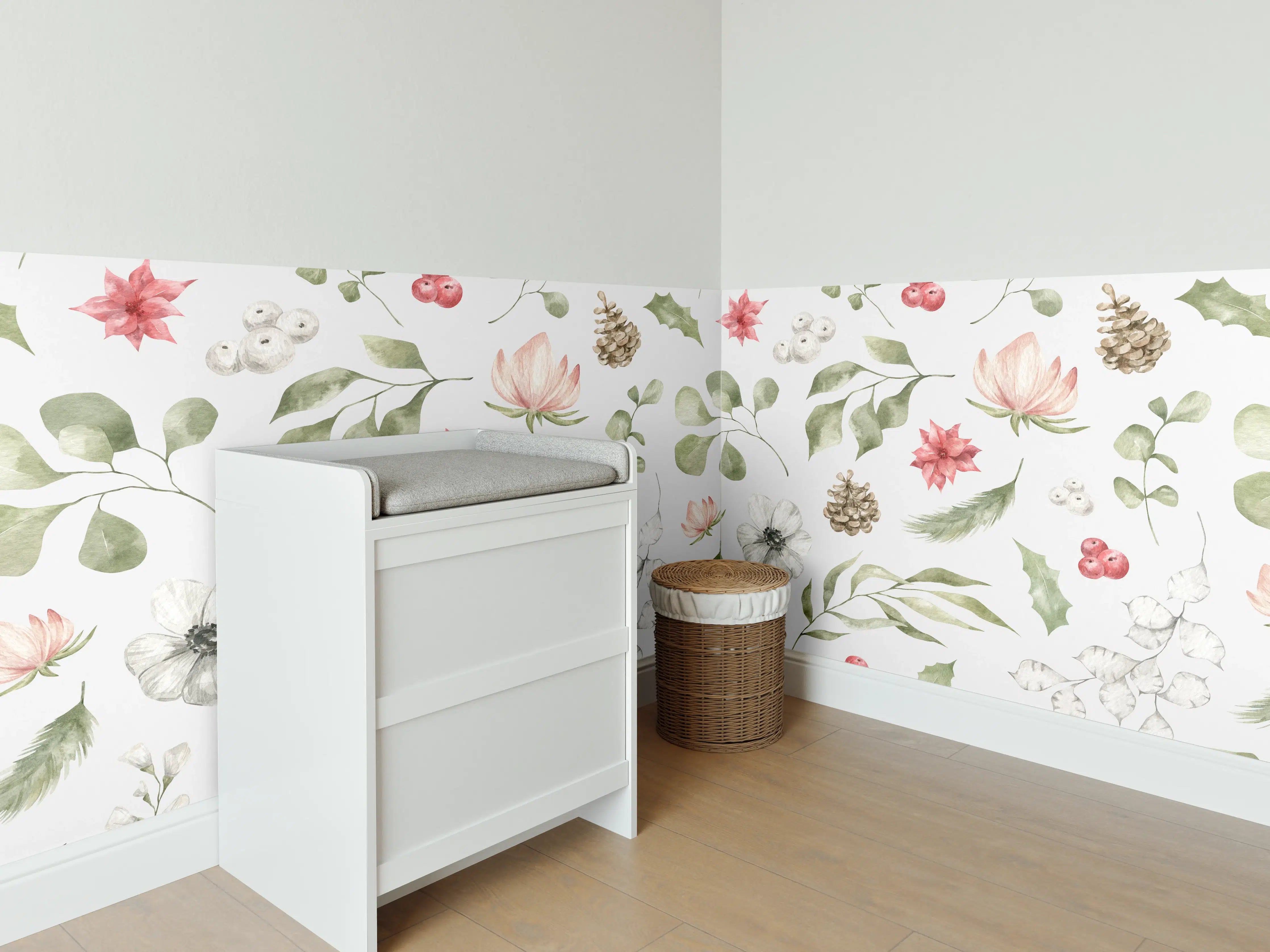 Babyzimmer Wandgestaltung - Pastell Blumenmuster Weiß-Grün-Rosa