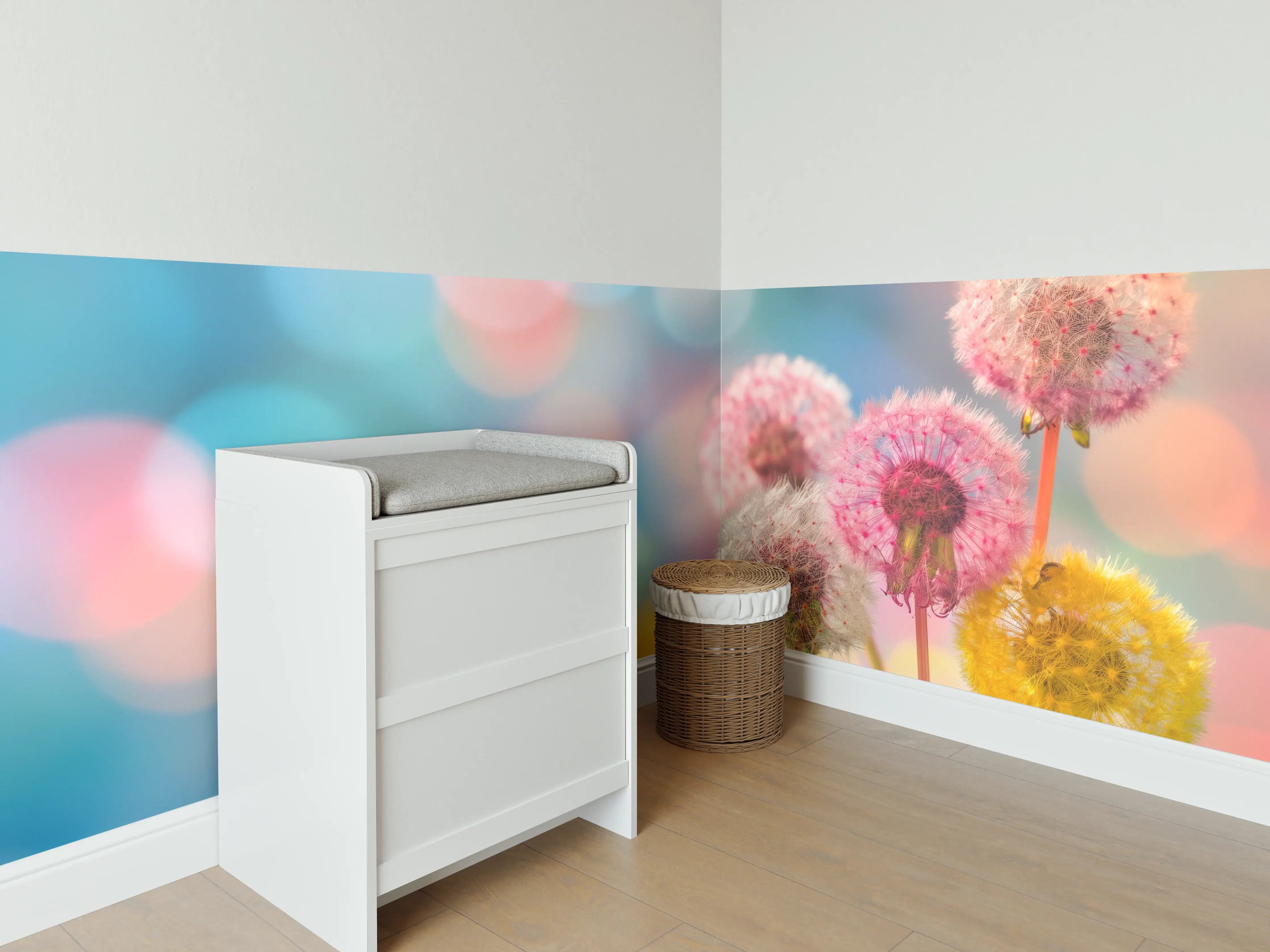 Babyzimmer Wandgestaltung - Pastell-Pusteblumen im Bokeh