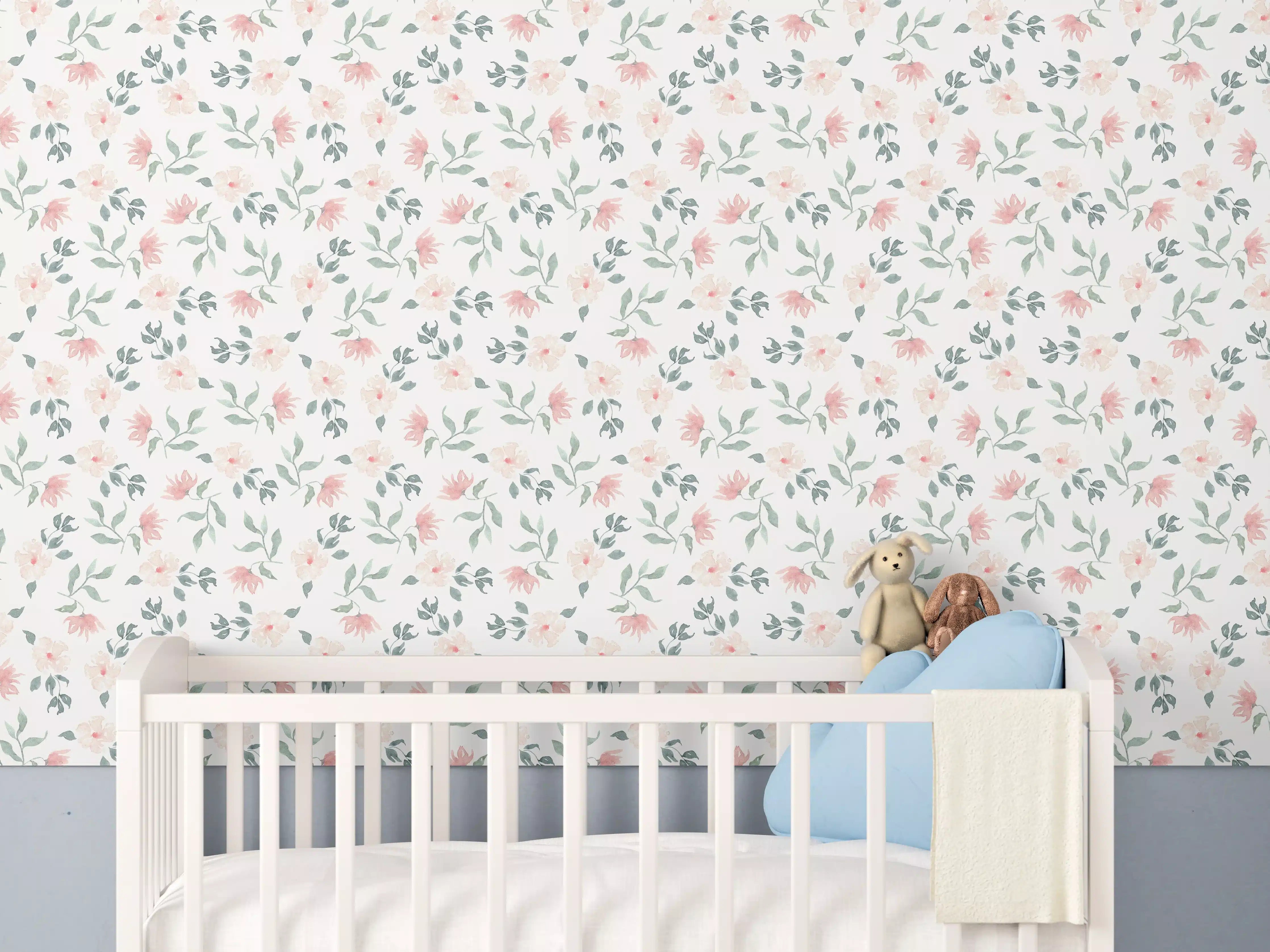Babyzimmer Wandgestaltung - Pastellblumen mit Grauakzenten