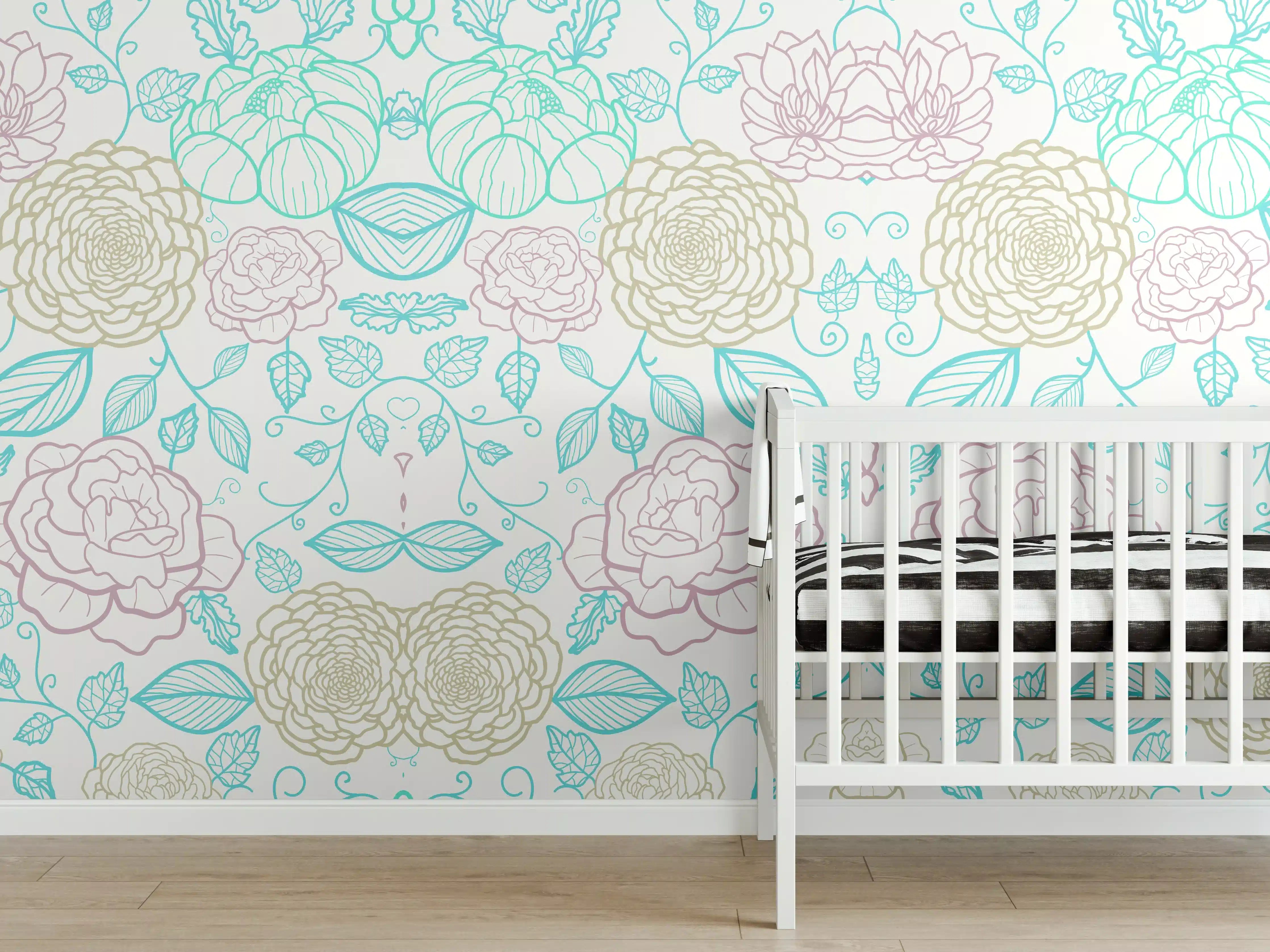 Babyzimmer Wandgestaltung - Pastellblumenmuster in Hellblau und Beige