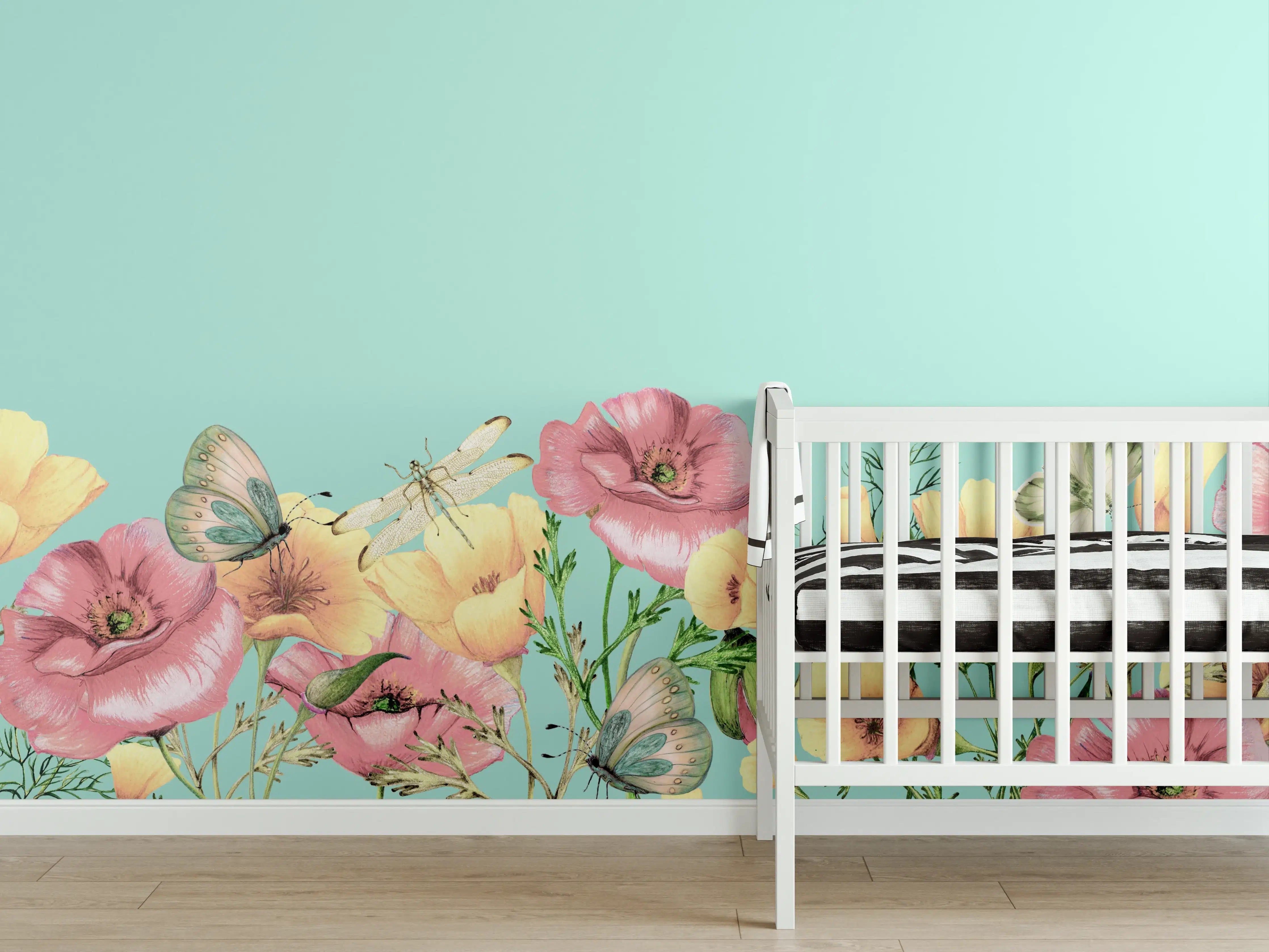 Babyzimmer Wandgestaltung - Pastellfarbene Blumen und Schmetterlinge