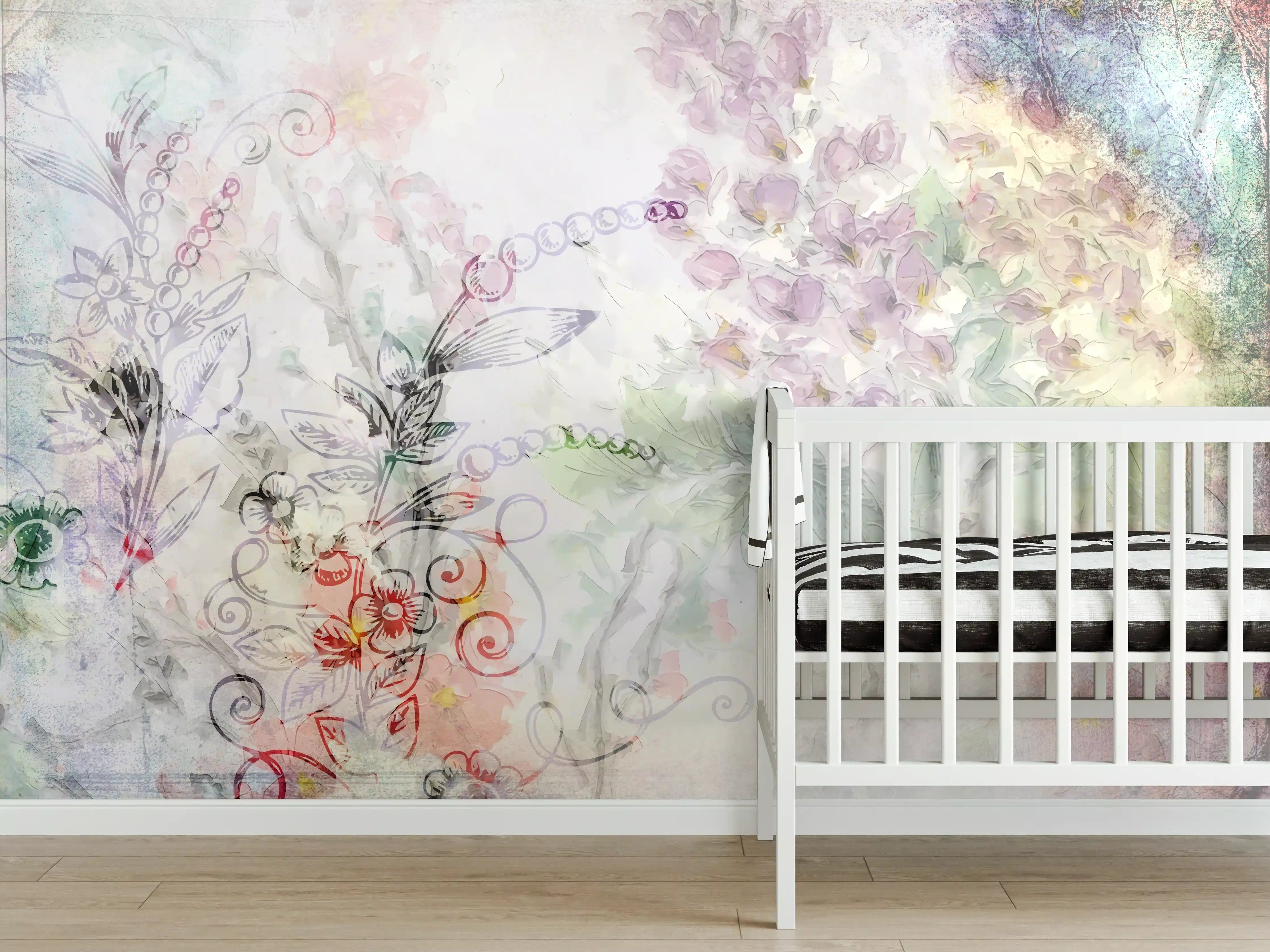 Babyzimmer Wandgestaltung - Pastellfarbene Blumenillustration