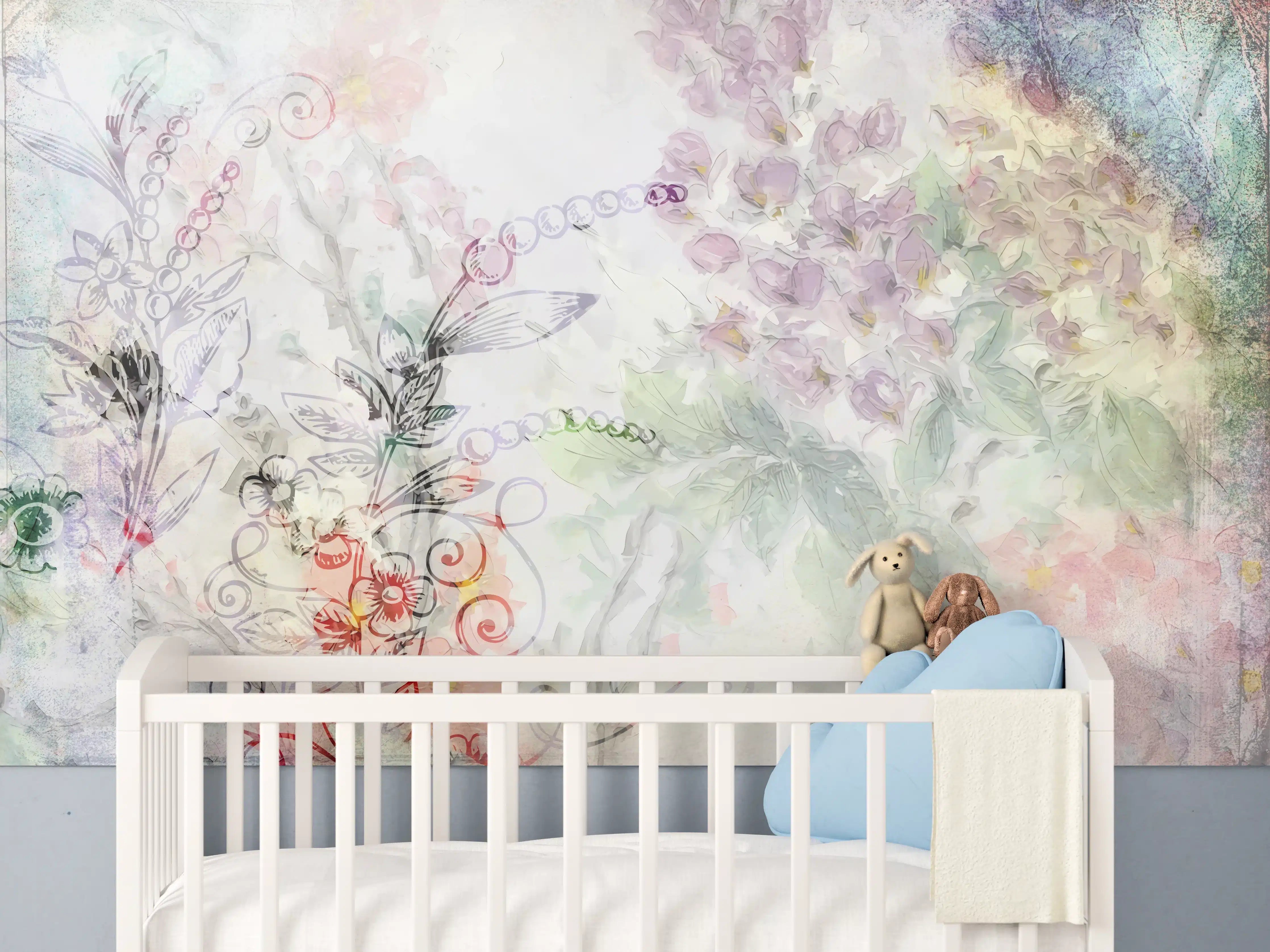 Babyzimmer Wandgestaltung - Pastellfarbene Blumenillustration