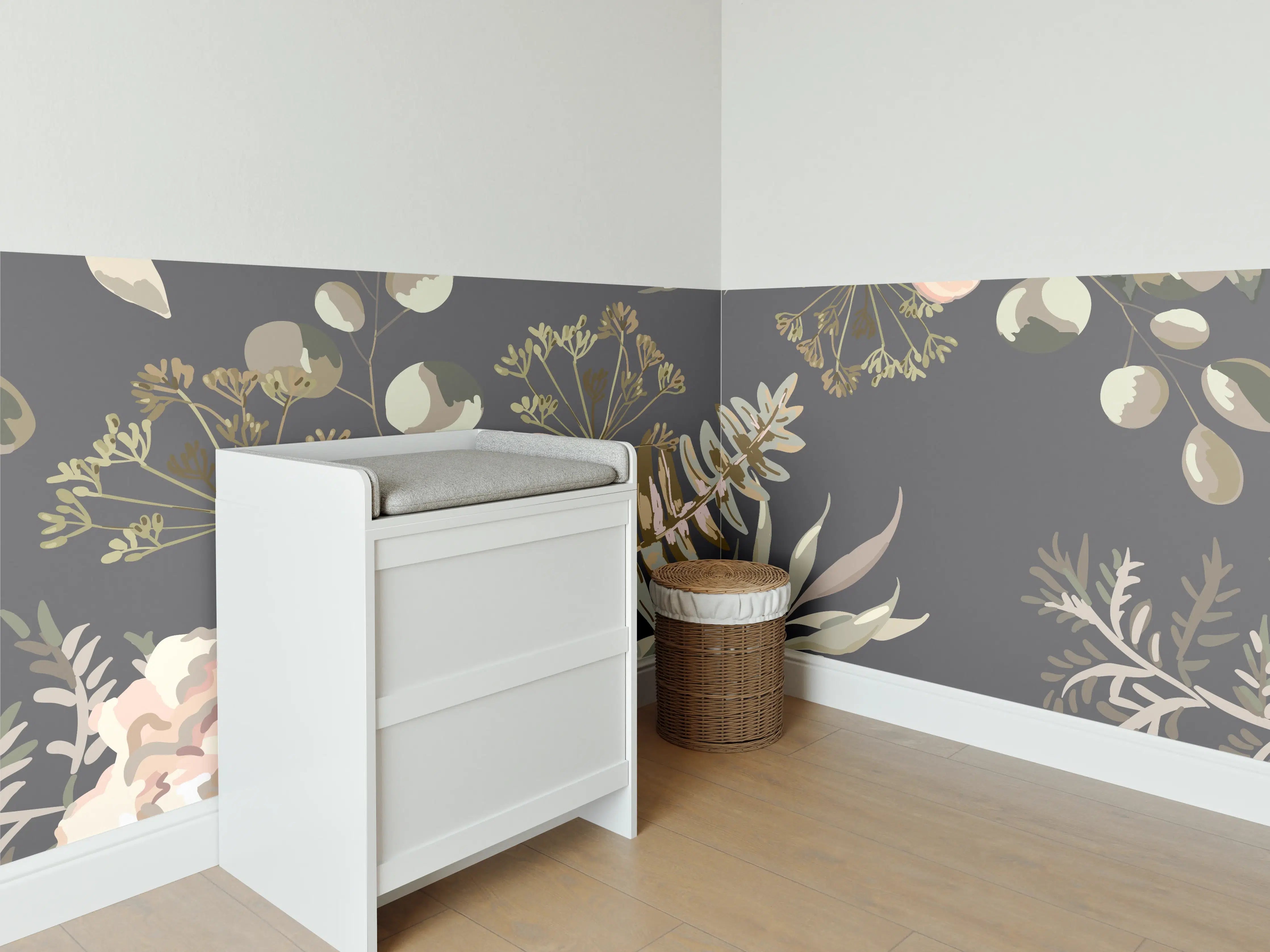 Babyzimmer Wandgestaltung - Pastellfarbene Blumenillustration mit zarten Grautönen