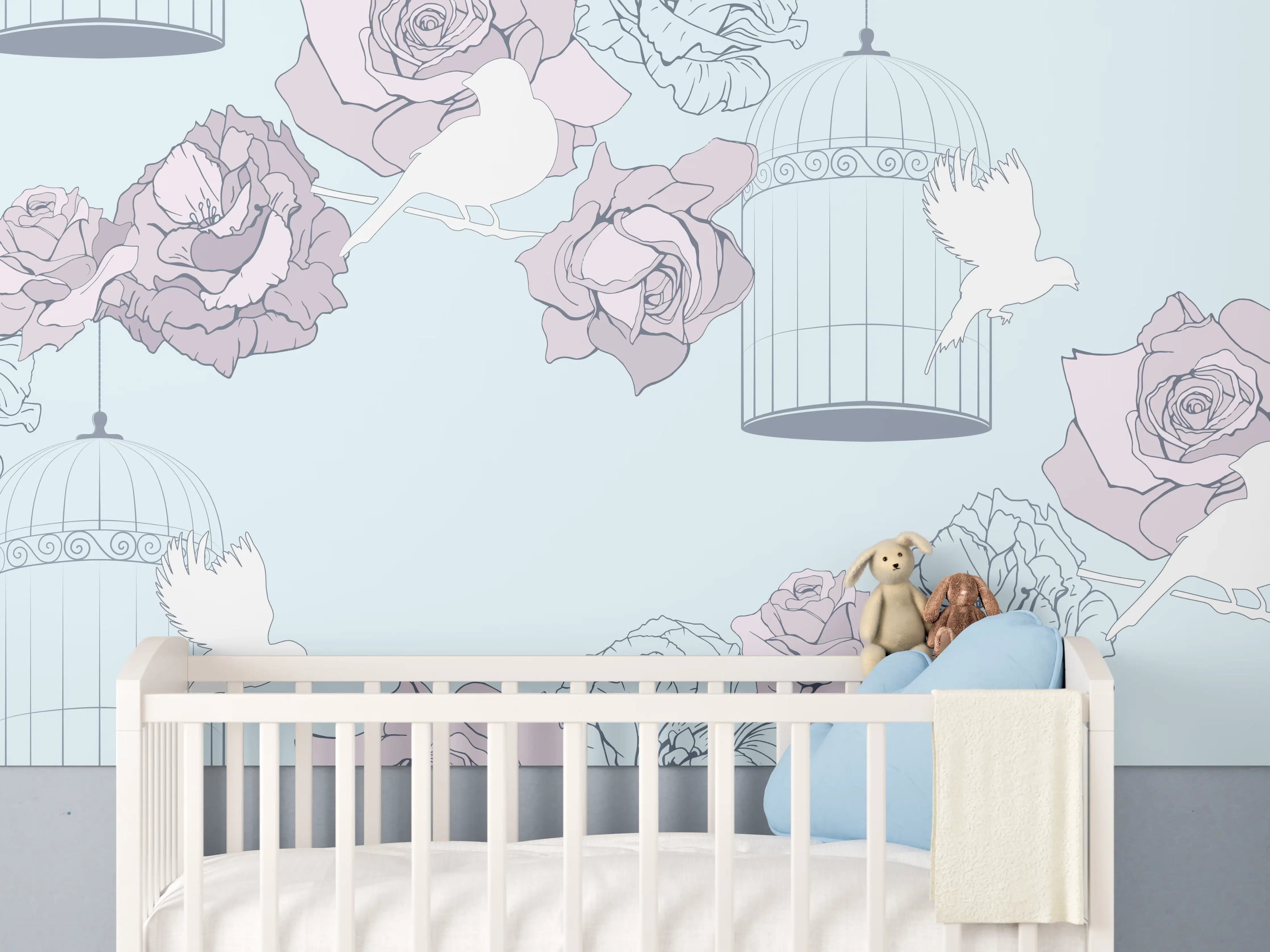 Babyzimmer Wandgestaltung - Pastellfarbene Rosen und Hummeln