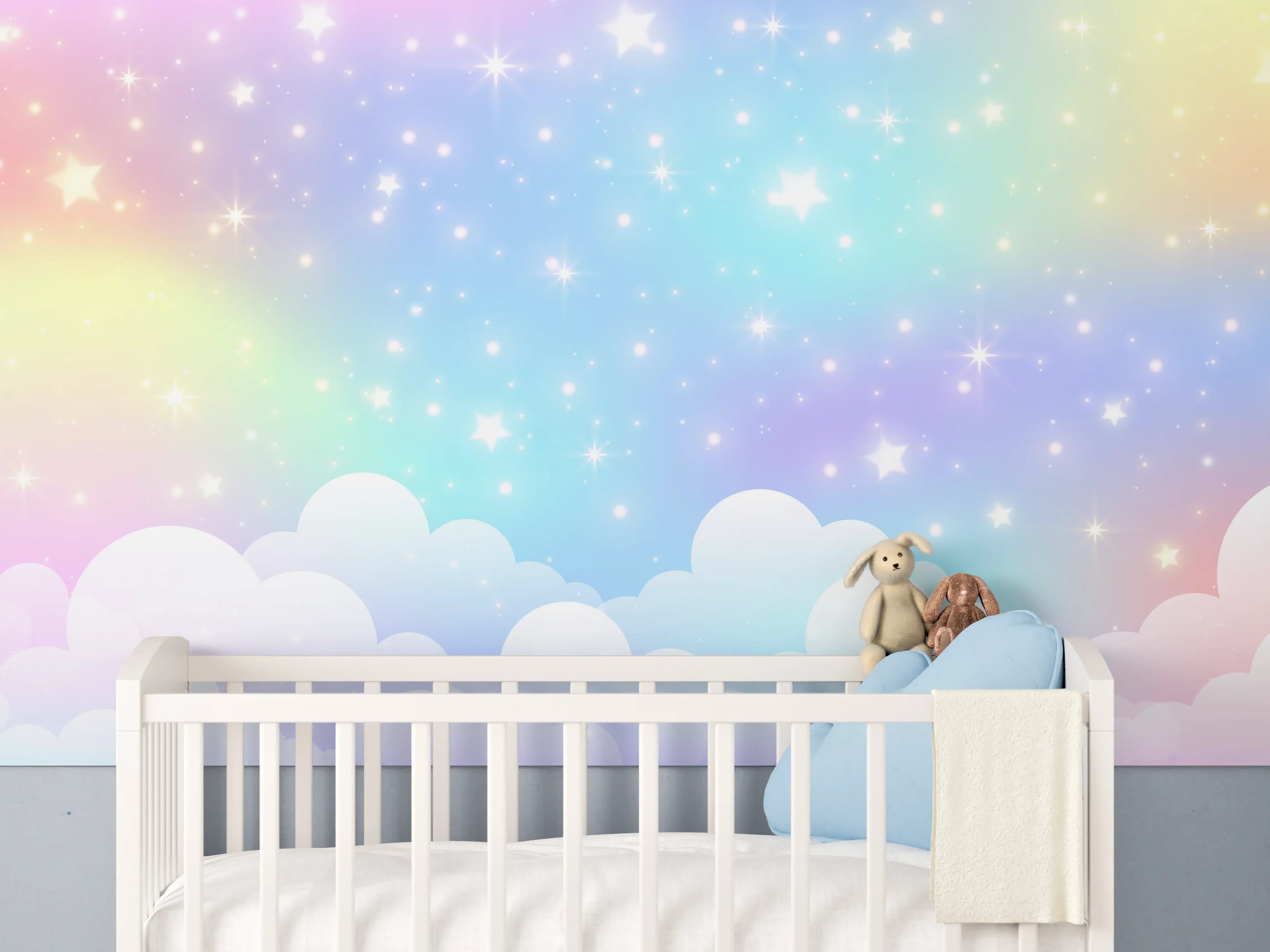 Babyzimmer Wandgestaltung - Pastellfarbene Wolken mit Glitzerhimmel