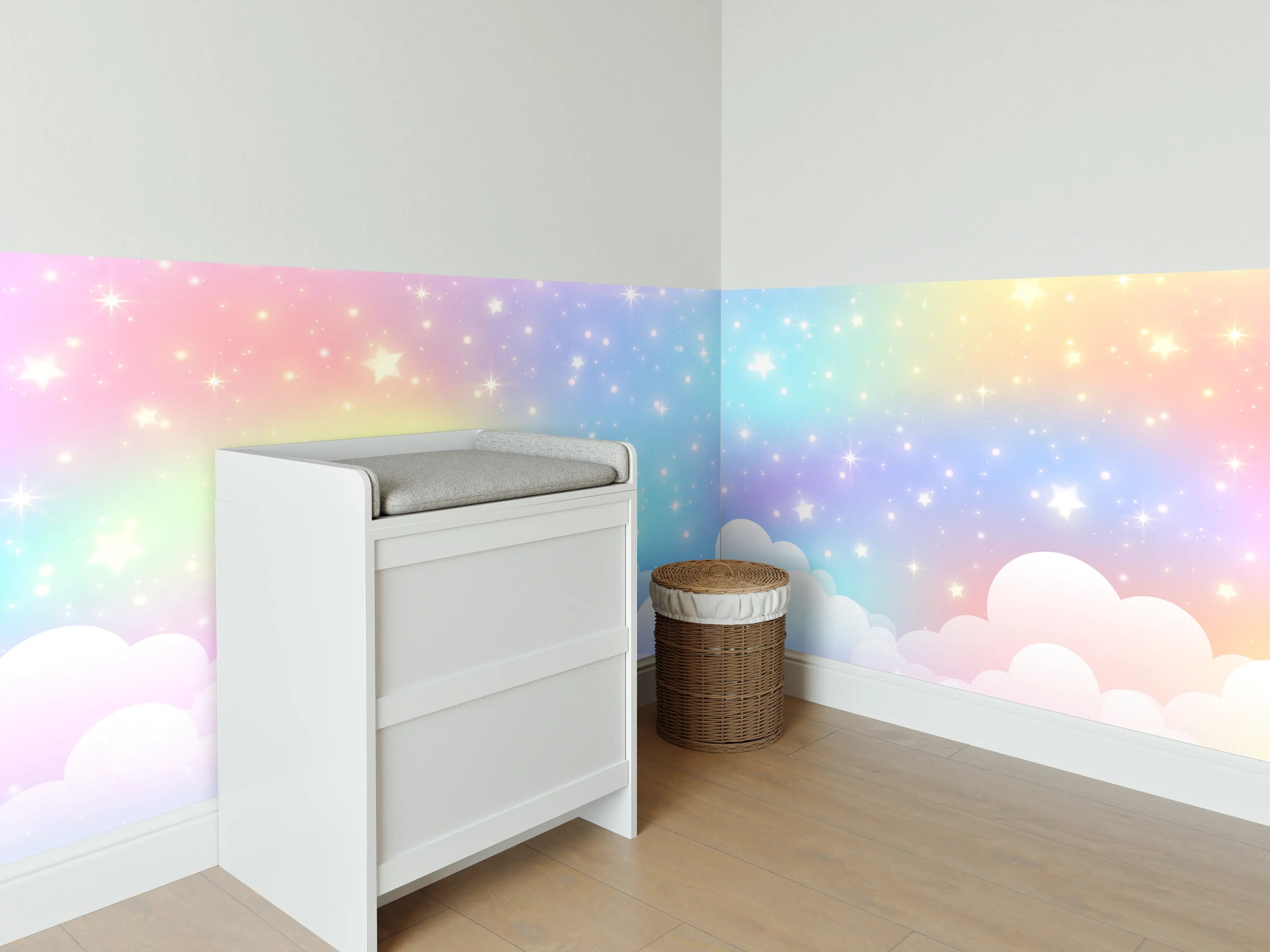 Babyzimmer Wandgestaltung - Pastellfarbene Wolken mit Glitzerhimmel