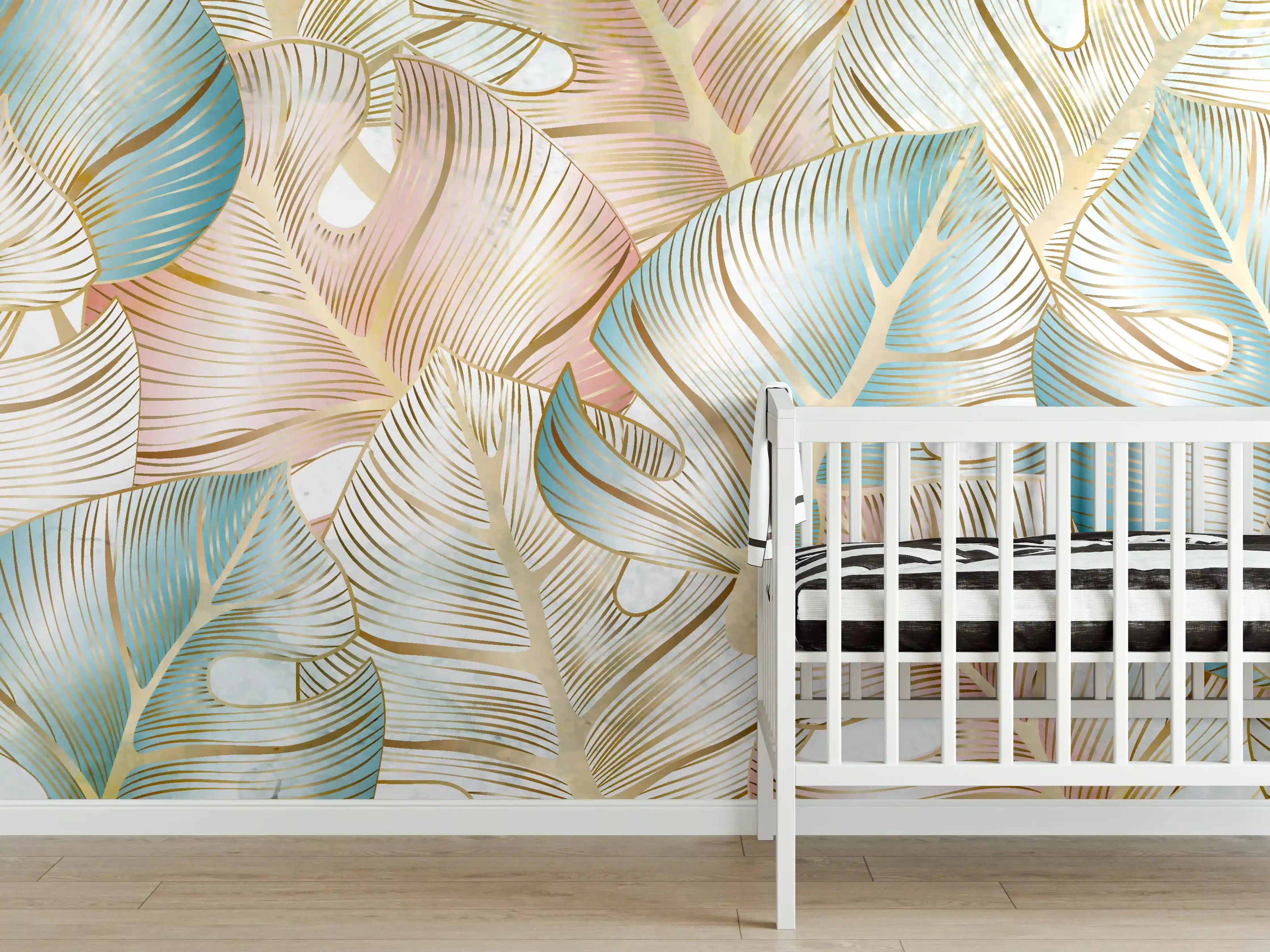 Babyzimmer Wandgestaltung - Pastellfarbenes Blattmuster Design