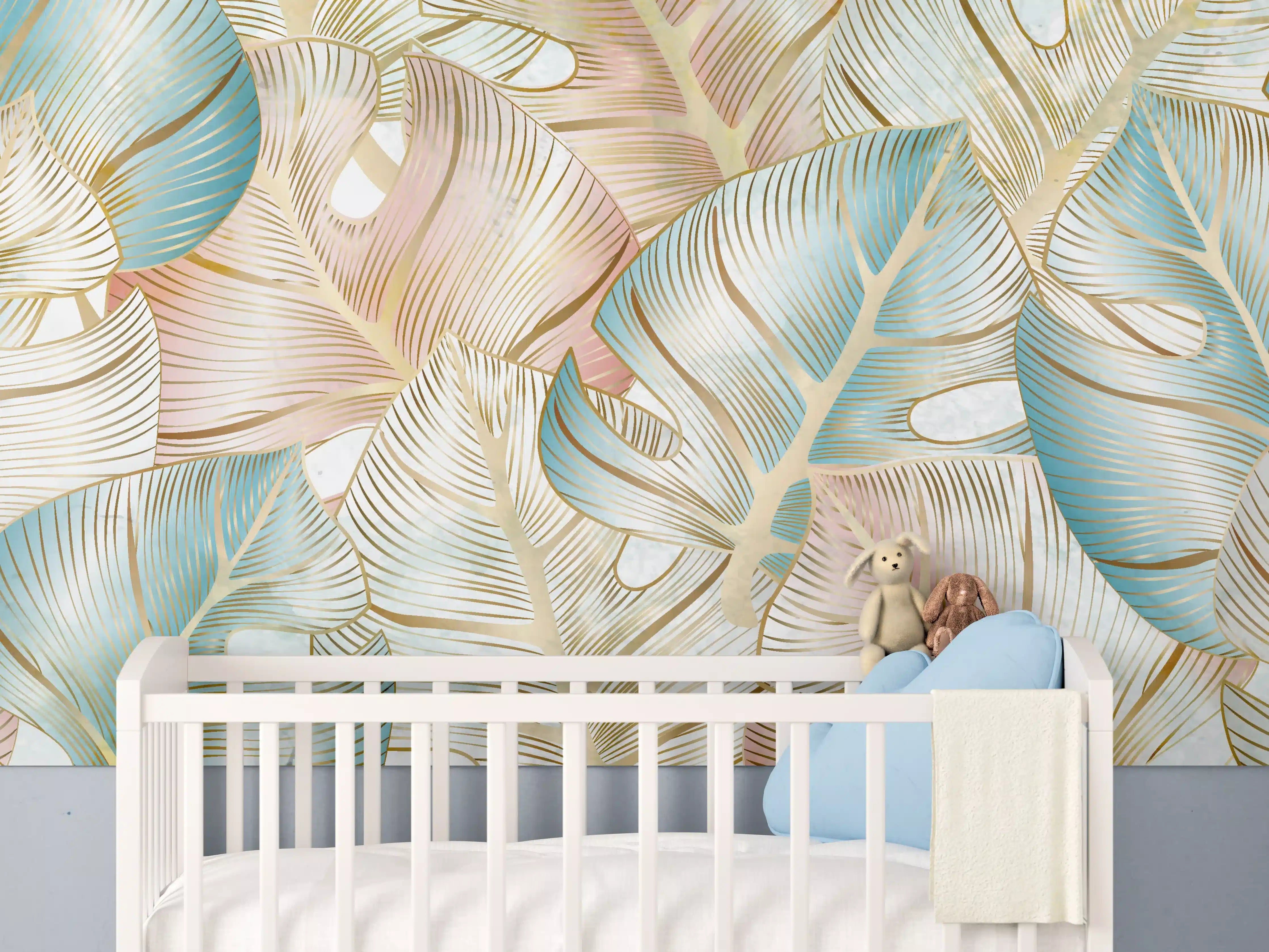Babyzimmer Wandgestaltung - Pastellfarbenes Blattmuster Design