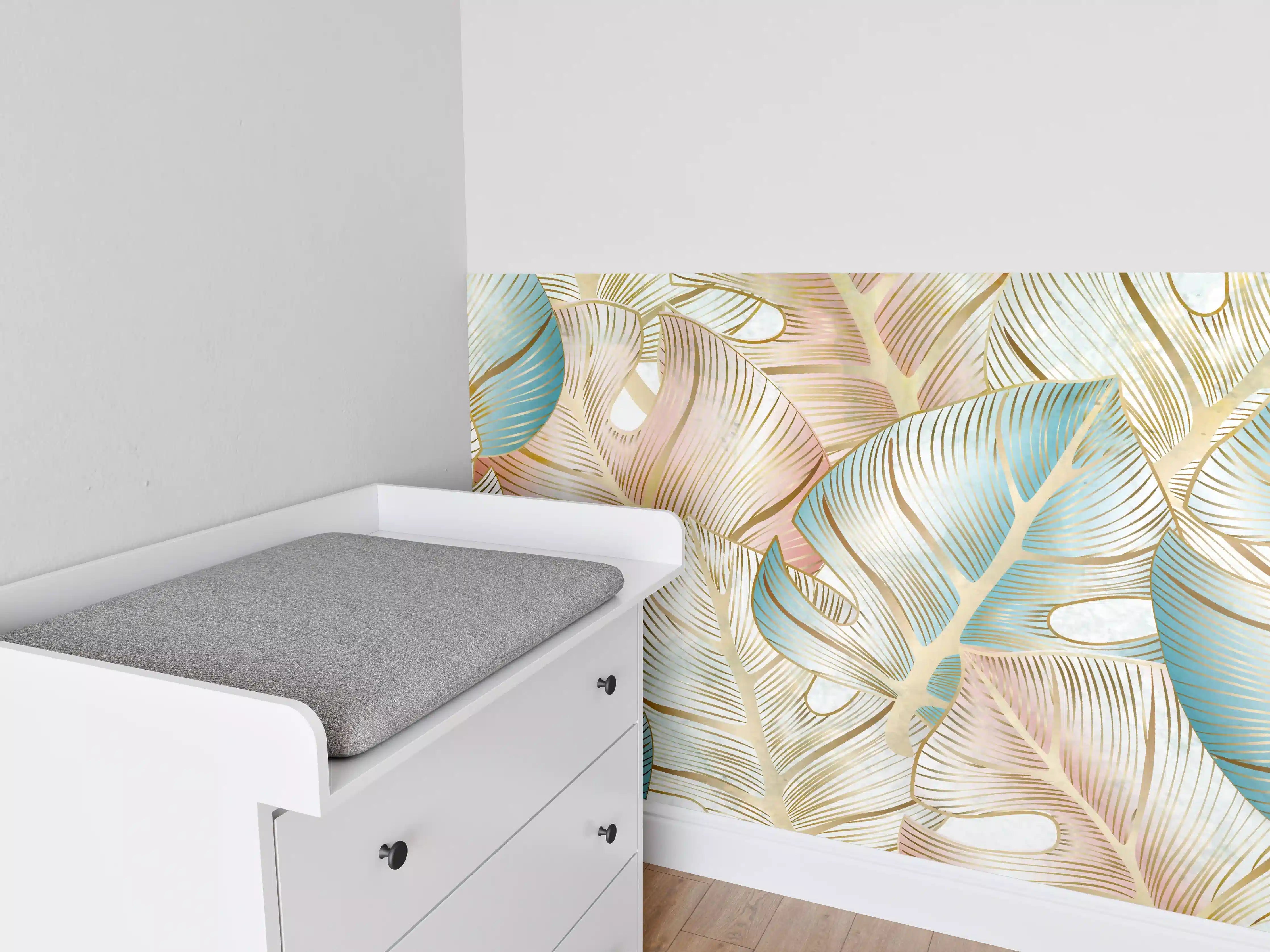 Babyzimmer Wandgestaltung - Pastellfarbenes Blattmuster Design