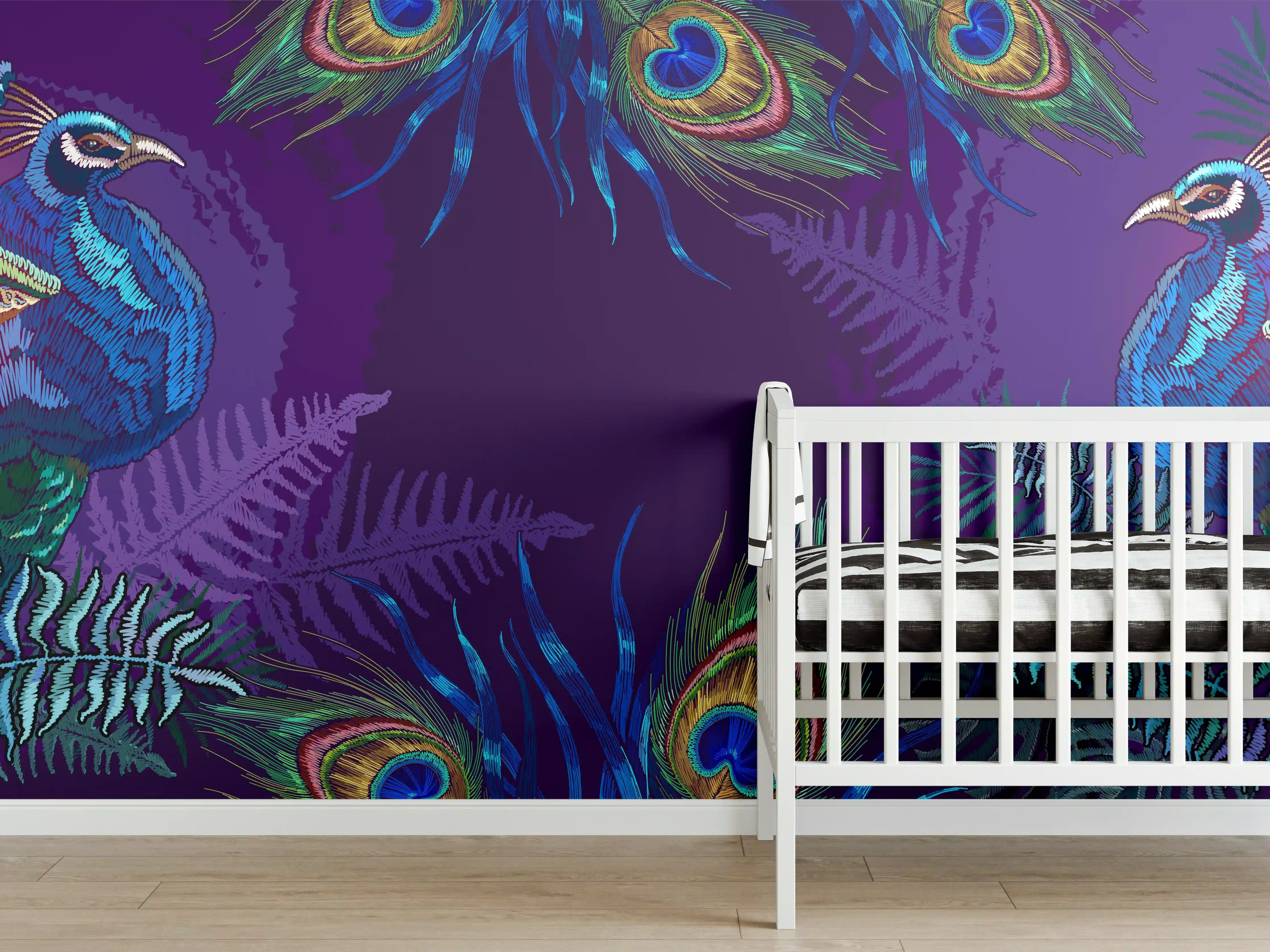 Babyzimmer Wandgestaltung - Pfauen Stickkunst Palmenblätter