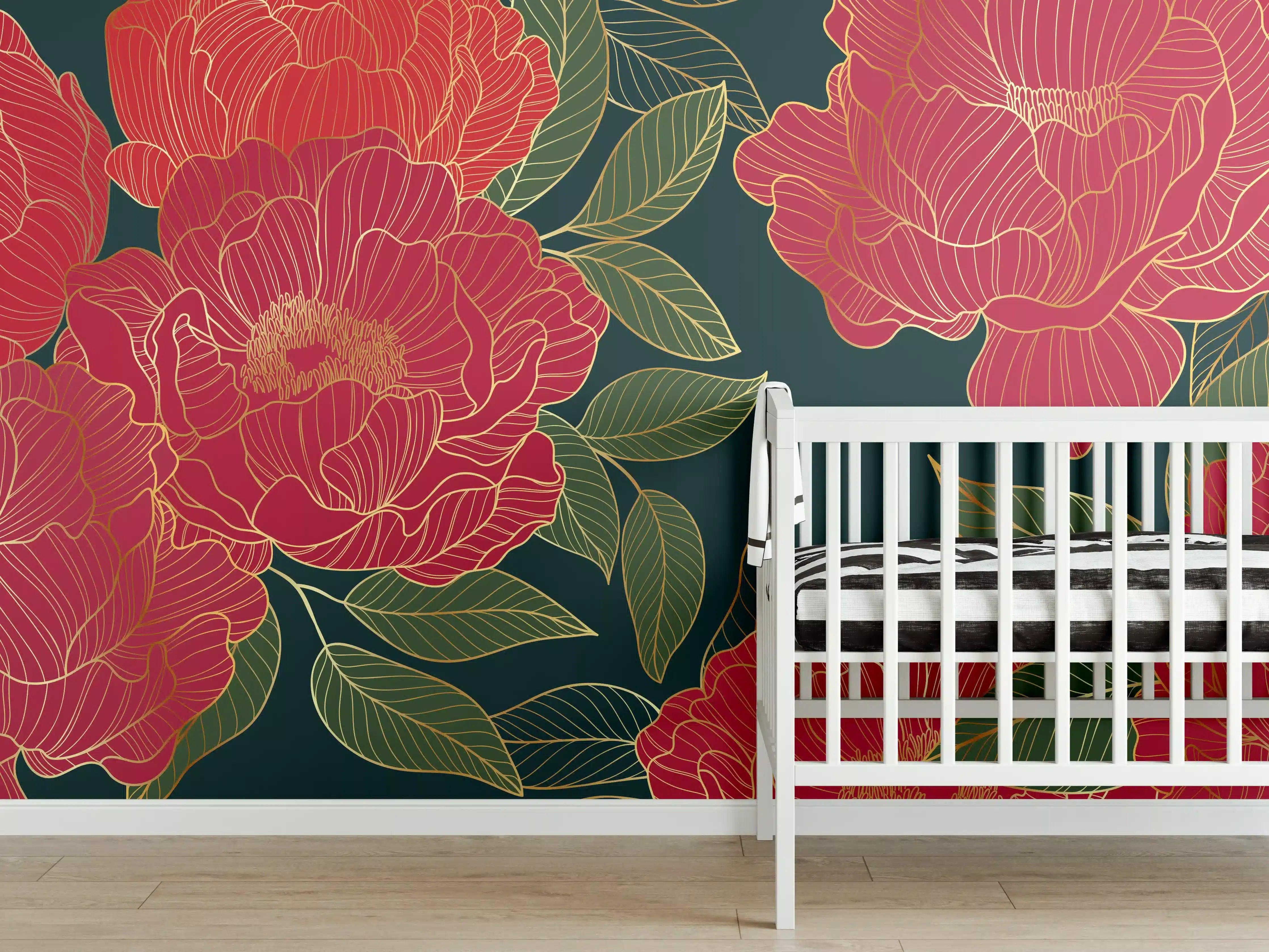 Babyzimmer Wandgestaltung - Pfingstrosen Muster Dunkelrot