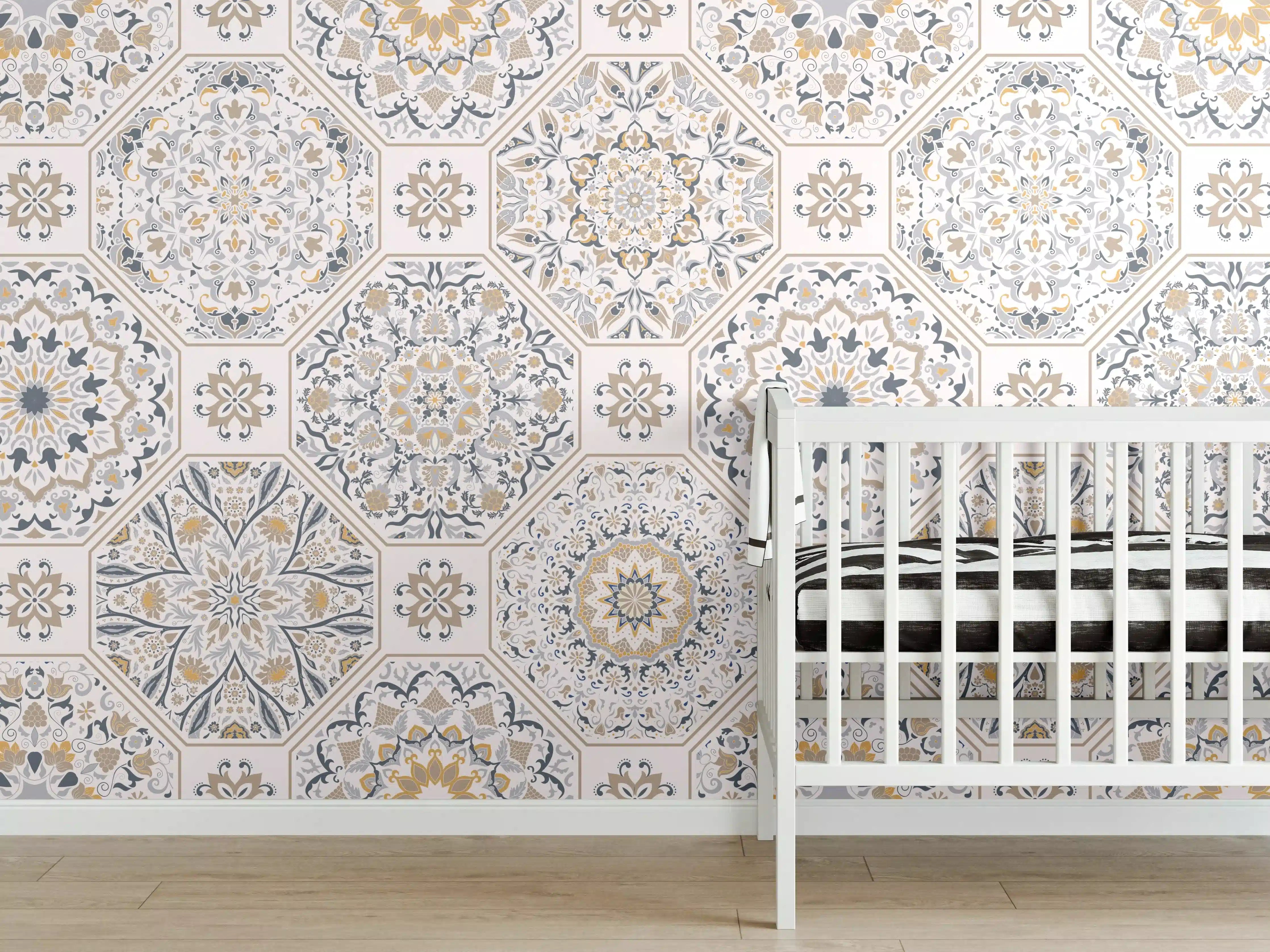 Babyzimmer Wandgestaltung - Premium Weiß-Grau Ornament-Muster
