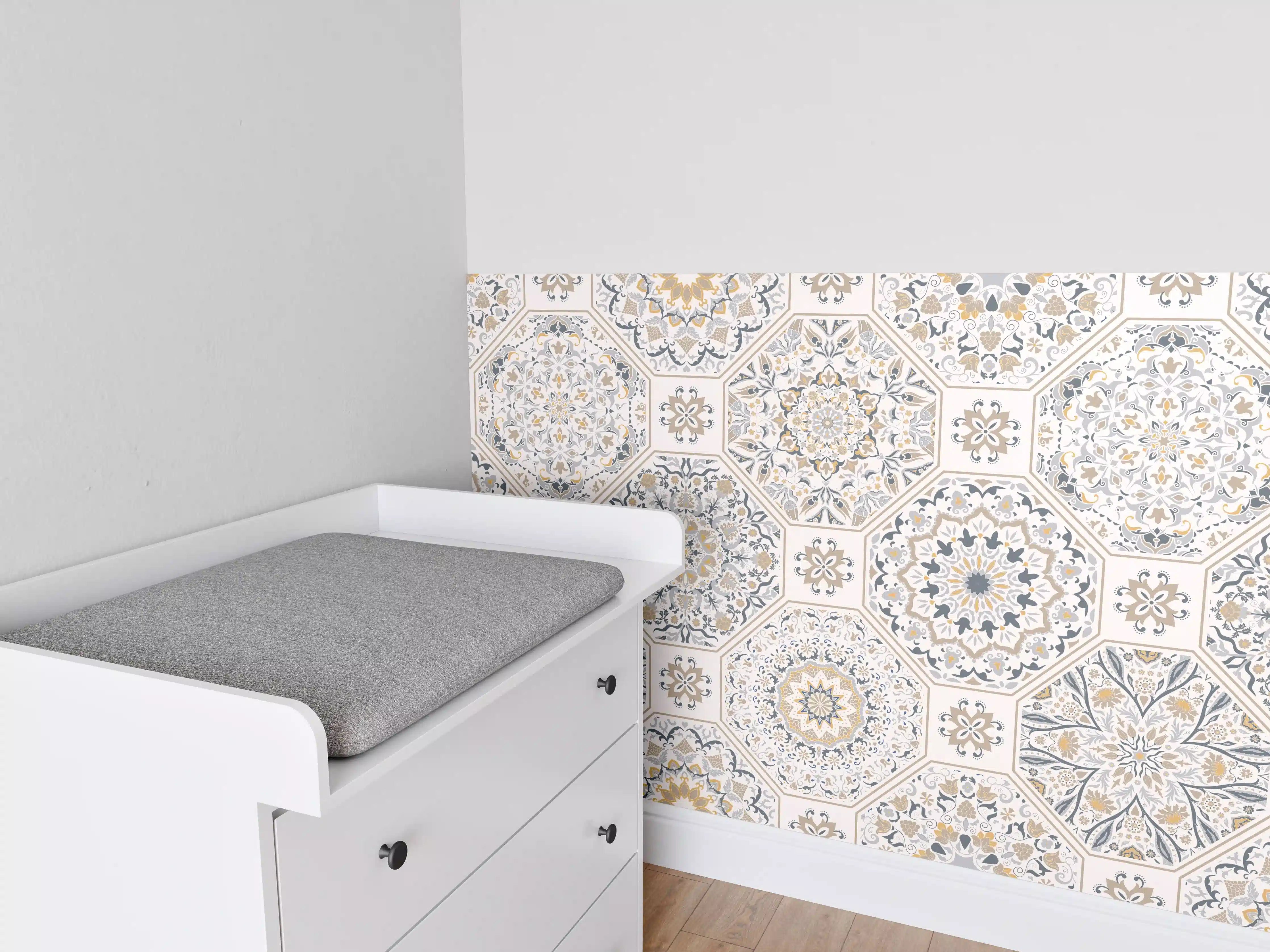 Babyzimmer Wandgestaltung - Premium Weiß-Grau Ornament-Muster