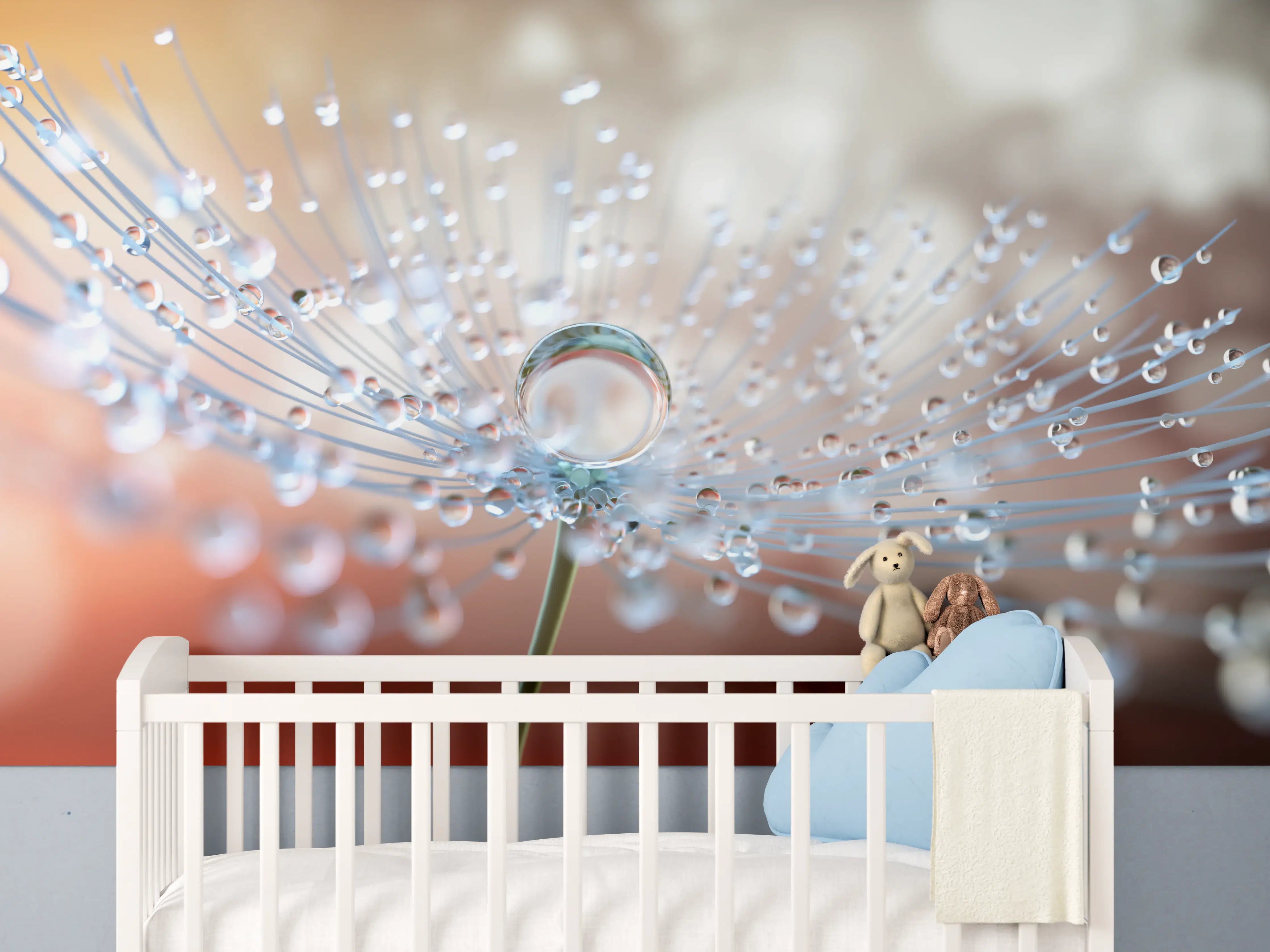 Babyzimmer Wandgestaltung - Pusteblume mit Tautropfen bei Abendlicht