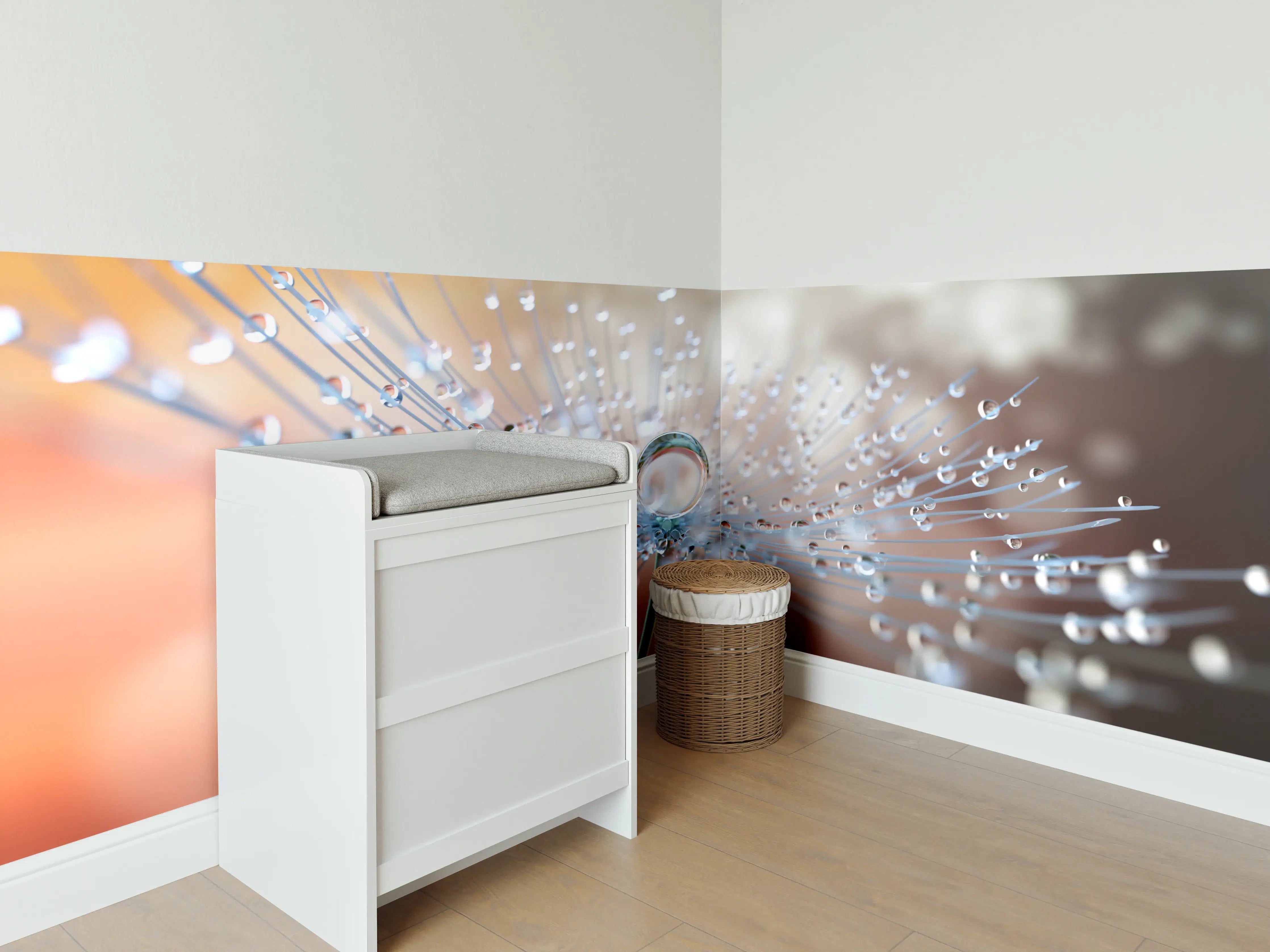Babyzimmer Wandgestaltung - Pusteblume mit Tautropfen bei Abendlicht