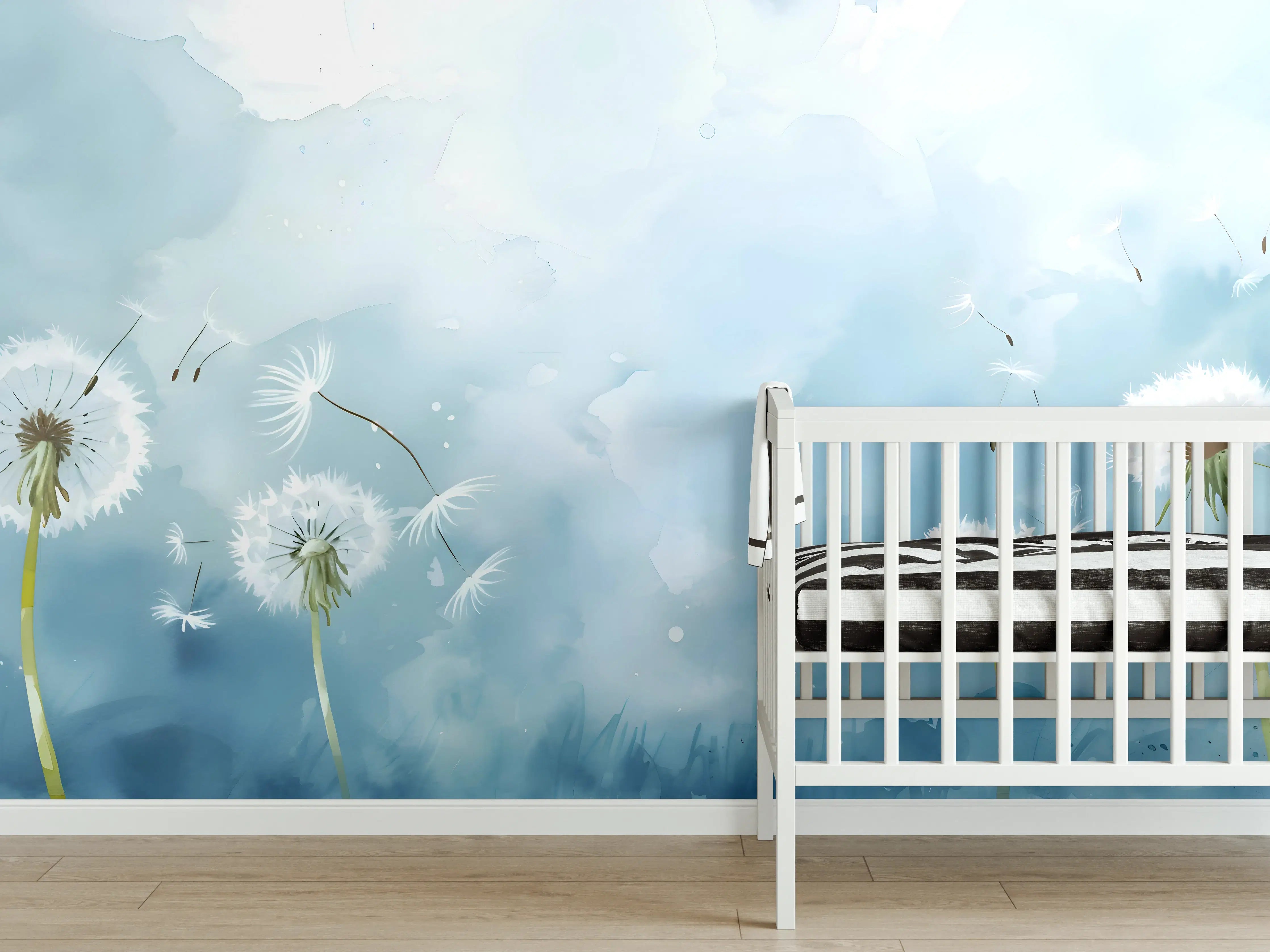 Babyzimmer Wandgestaltung - Pusteblumen Aquarell Blau-Weiß