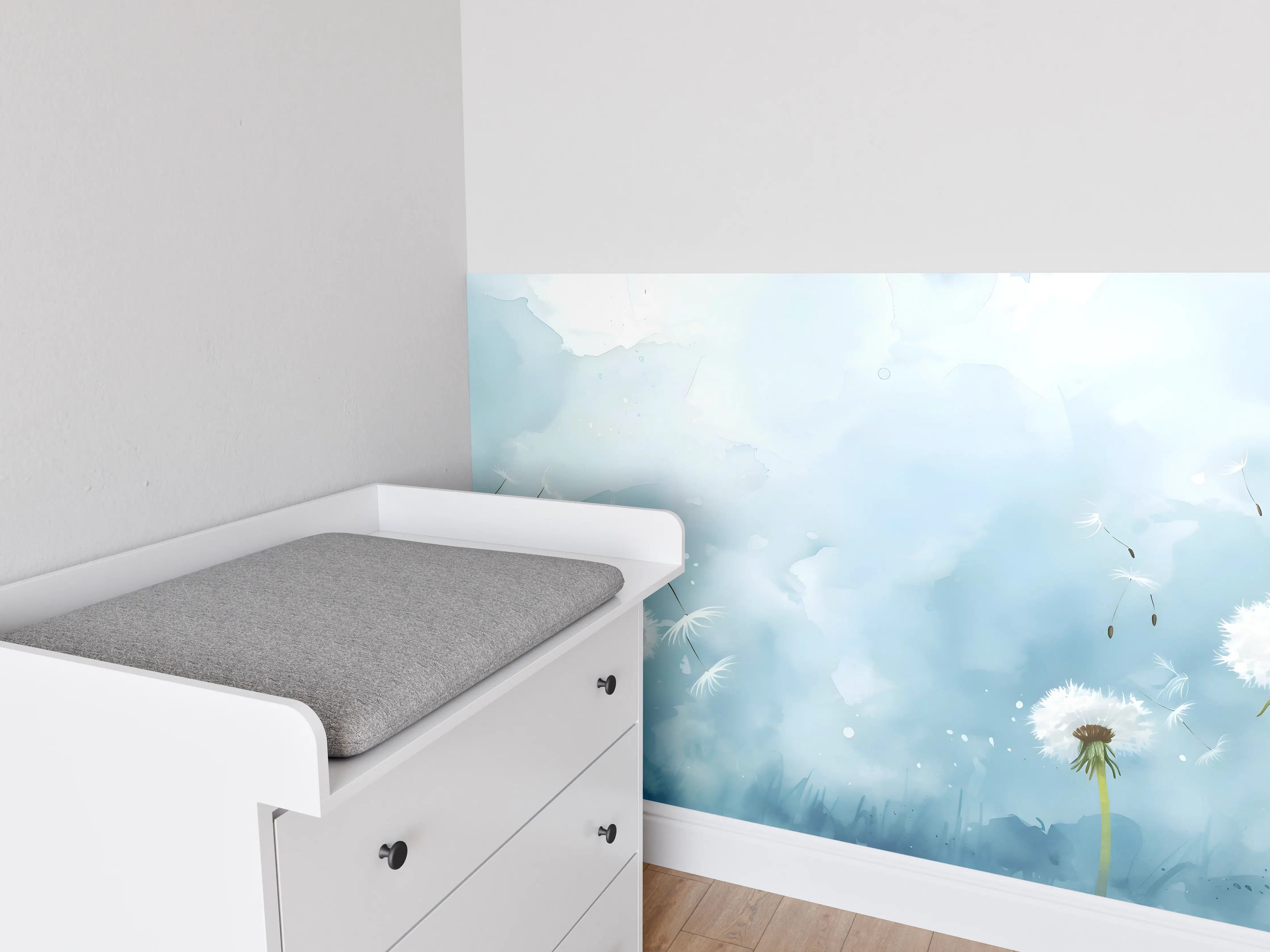 Babyzimmer Wandgestaltung - Pusteblumen Aquarell Blau-Weiß
