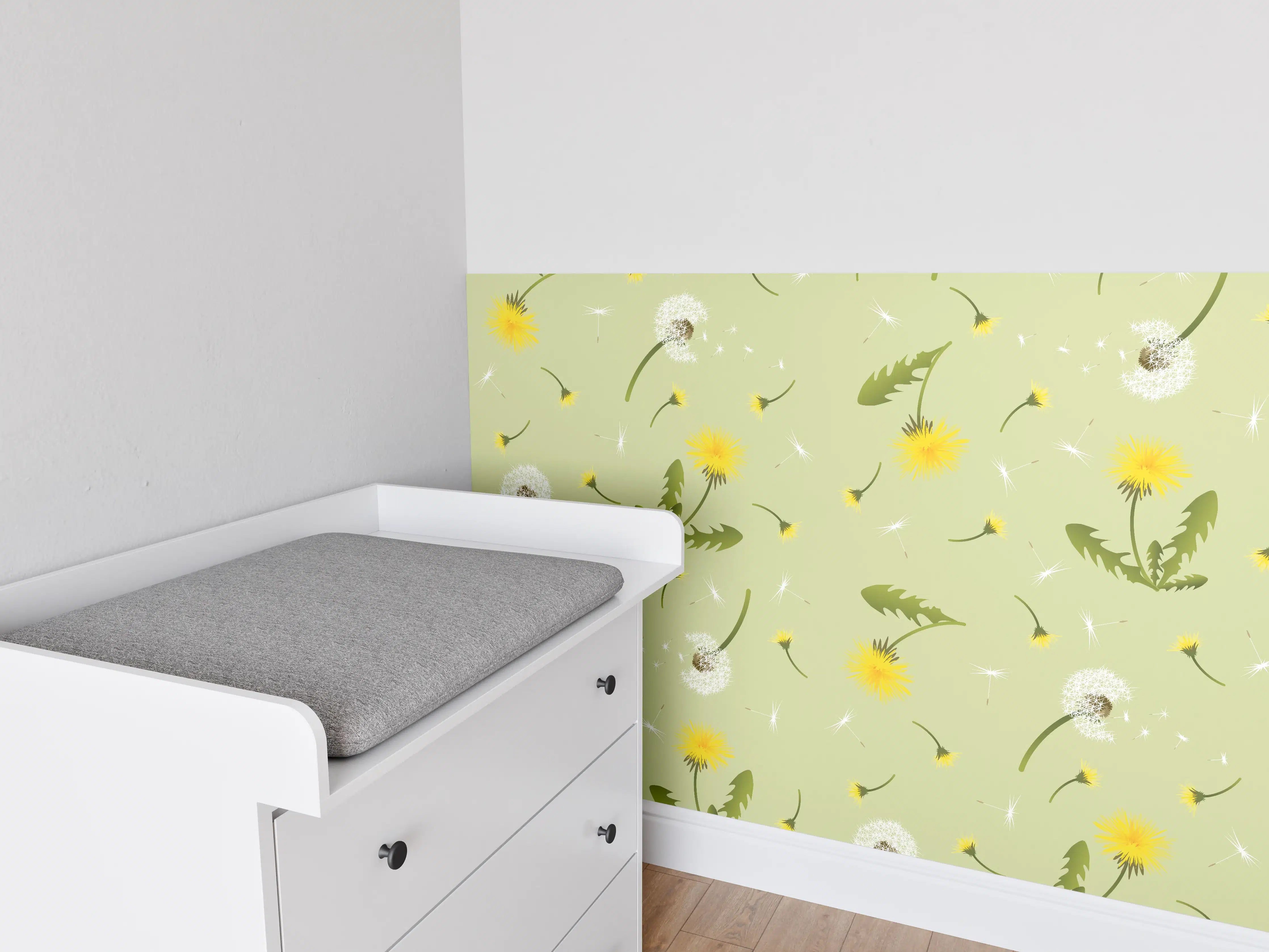 Babyzimmer Wandgestaltung - Pusteblumen Grün-Gelb Muster